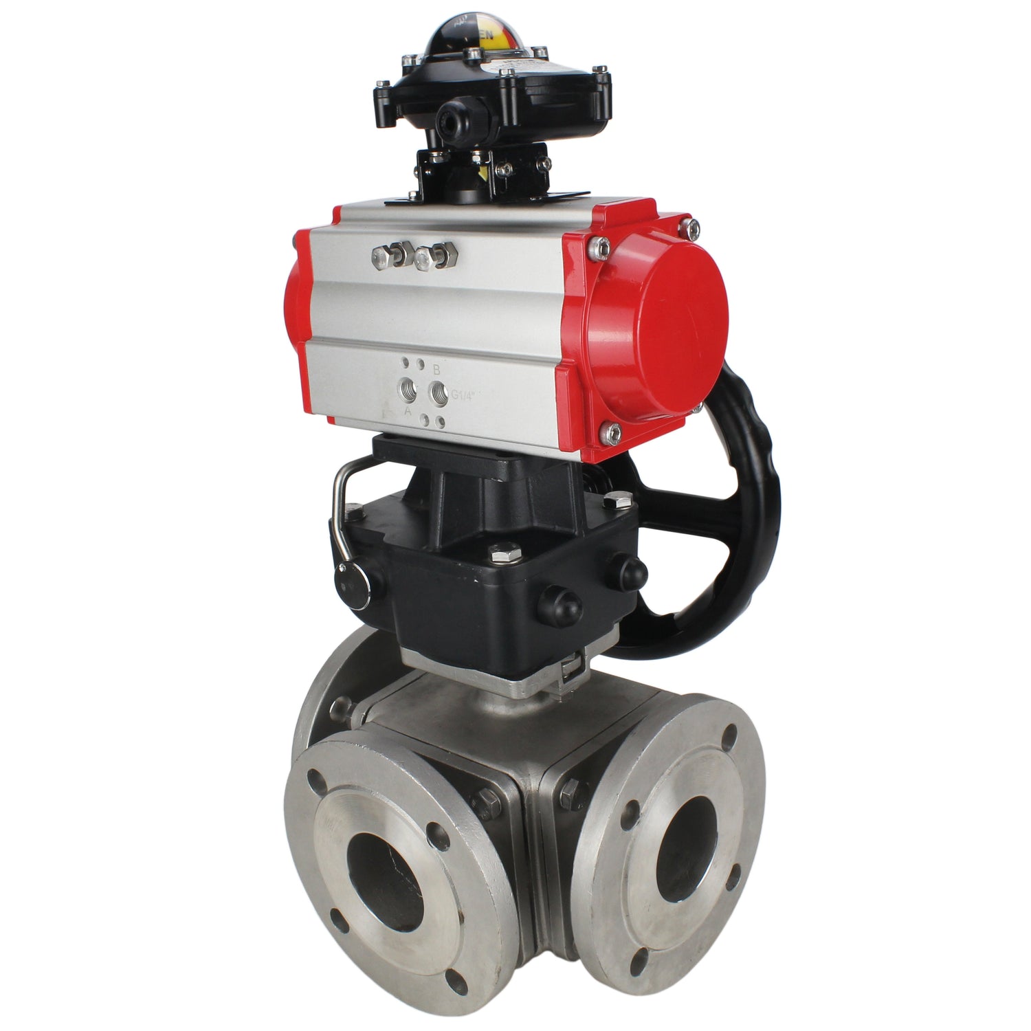 Ball valves Elephant BV3232P(4pc)-FP-3WL-F-ISO-H 16 bar full bore, flanged, body - stainless steel SS316, ISO flange F03/F04-F10/F12, square 9x9-19x19, with pneumatic drive PA-DA double action, LSU APL-210N and manual Doubler MON3-700-T38