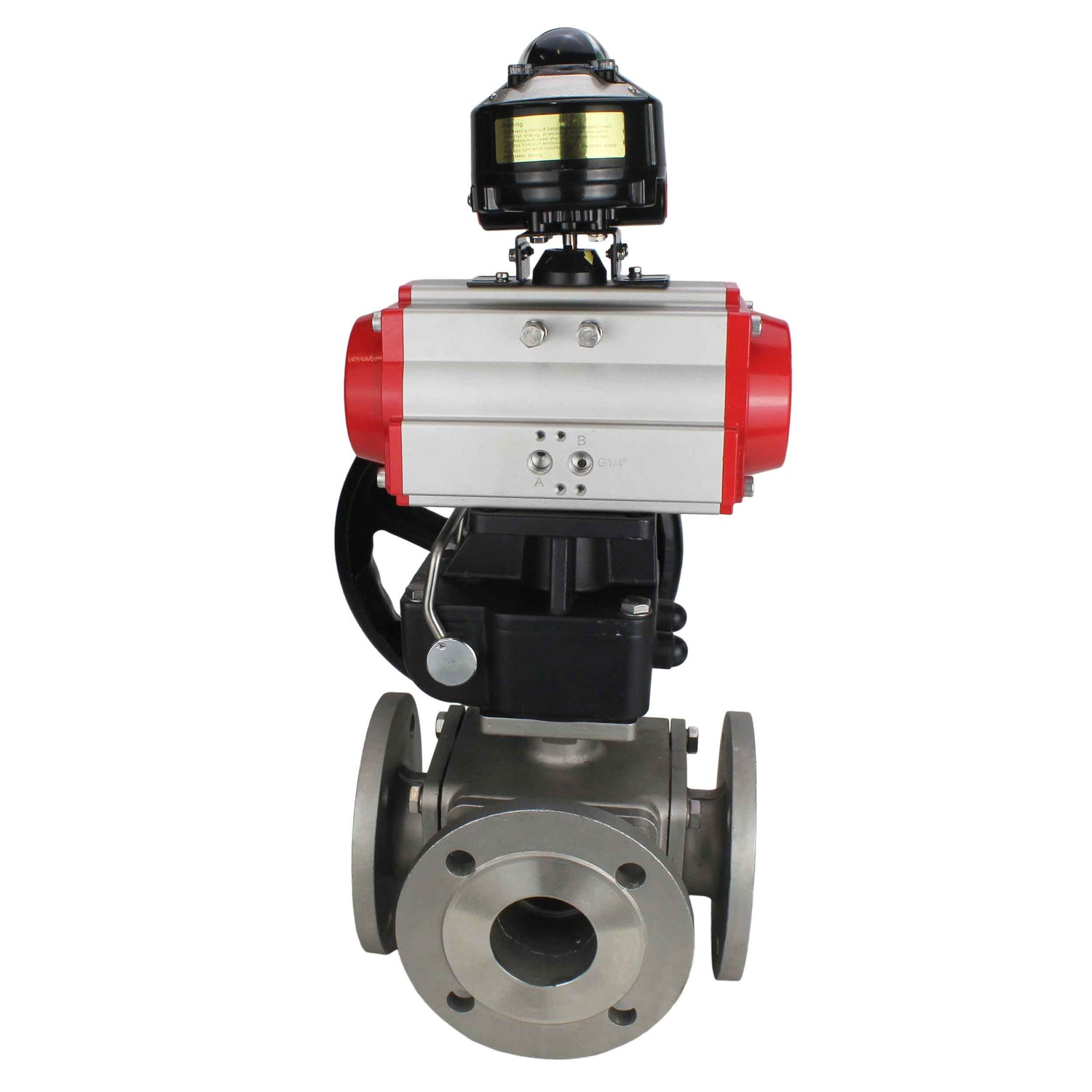 Ball valves Elephant BV3232P(4pc)-FP-3WL-F-ISO-H 16 bar full bore, flanged, body - stainless steel SS316, ISO flange F03/F04-F10/F12, square 9x9-19x19, with pneumatic drive PA-DA, LSU APL-510N EX and Doubler MON3-700-T38-ISO