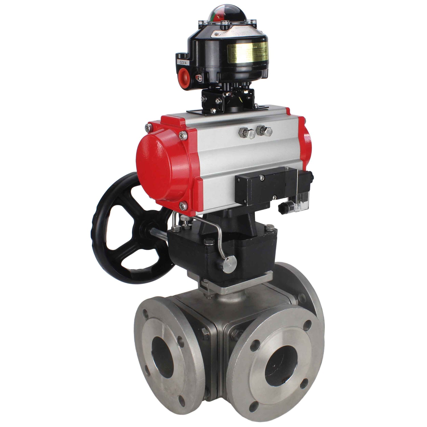 Ball valves Elephant BV3232P(4pc)-FP-3WL-F-ISO-H 16 bar full bore, flanged, body - stainless steel SS316, ISO flange F03/F04-F10/F12, square 9x9-19x19, with pneumatic drive PA-DA, mon/distributor 4M310-08 24V, LSU APL-510N EX and Doubler MON3-700-T38-ISO