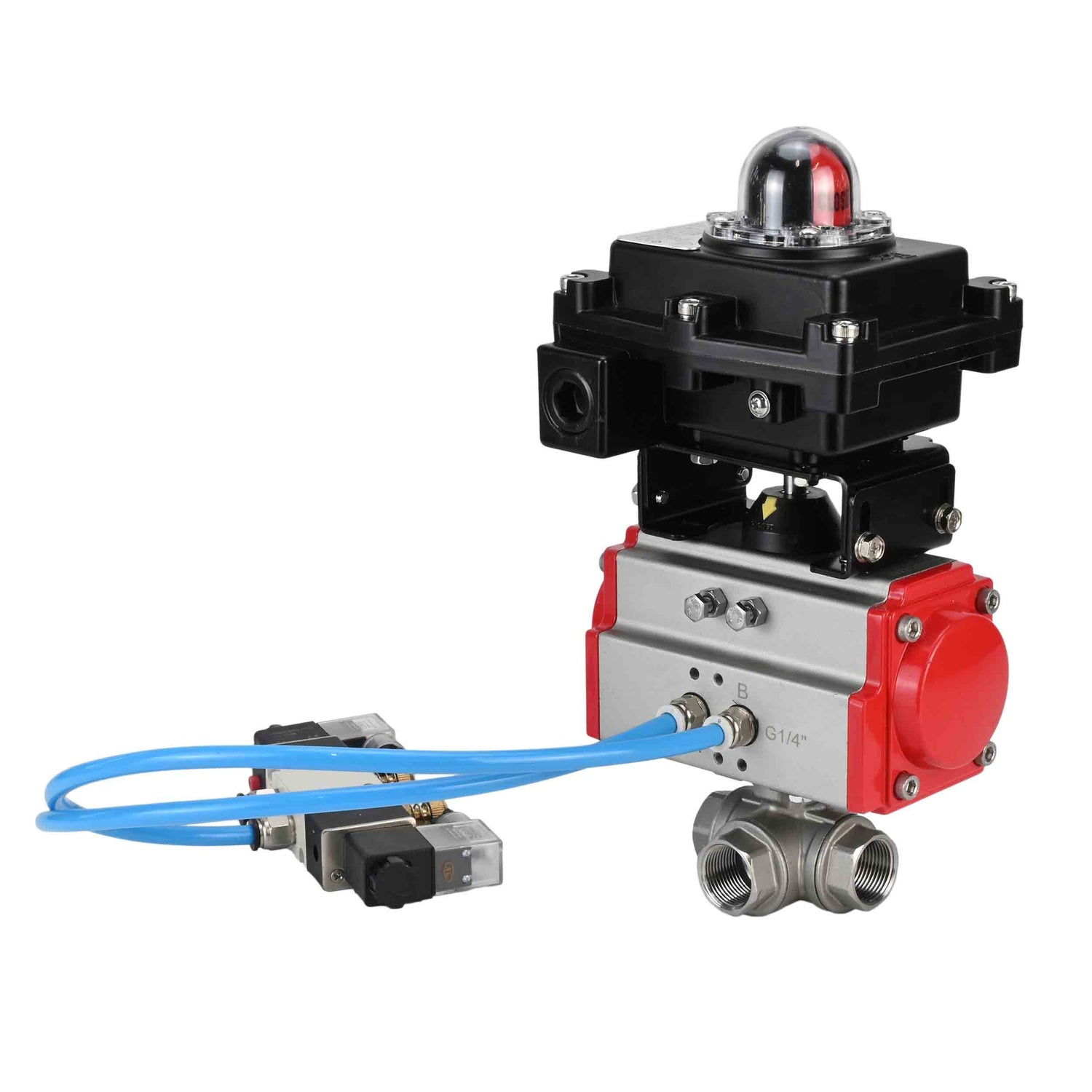 Ball valves Elephant BV3232P(4pc)-SP-3WL-T-ISO-H,  body material - Stainless steel AISI 316, seal - PTFE / PTFE / Teflon, with pneumatic actuator double action PA-DA, 4V320-10 220V, LSU APL-410N Ex