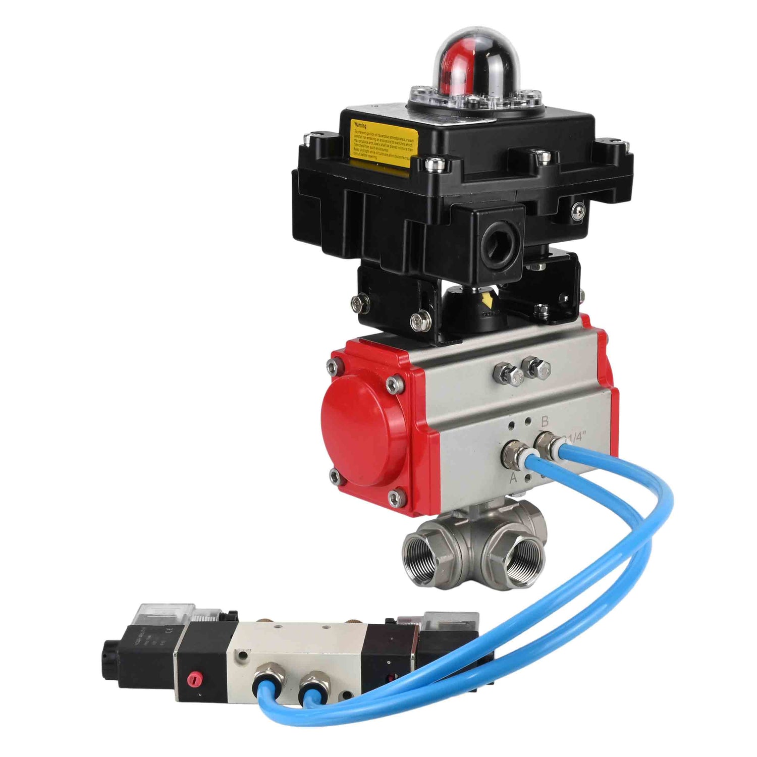 Ball valves Elephant BV3232P(4pc)-SP-3WL-T-ISO-H,  body material - Stainless steel AISI 316, seal - PTFE / PTFE / Teflon, with pneumatic actuator double action PA-DA, 4V320-10 220V, LSU APL-410N Ex