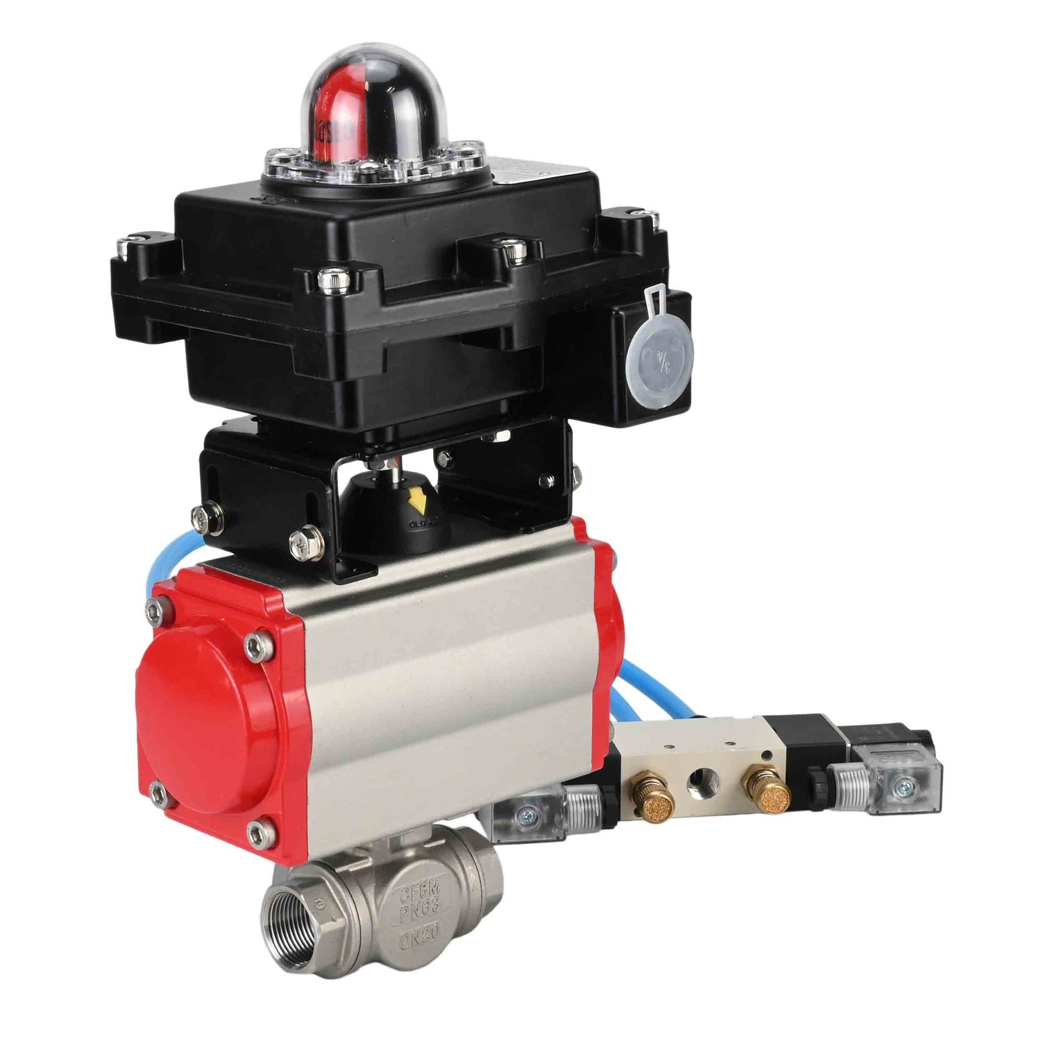 Ball valves Elephant BV3232P(4pc)-SP-3WL-T-ISO-H,  body material - Stainless steel AISI 316, seal - PTFE / PTFE / Teflon, with pneumatic actuator with return springs PA-SA, 4V320-08 220V, LSU APL-410N Ex