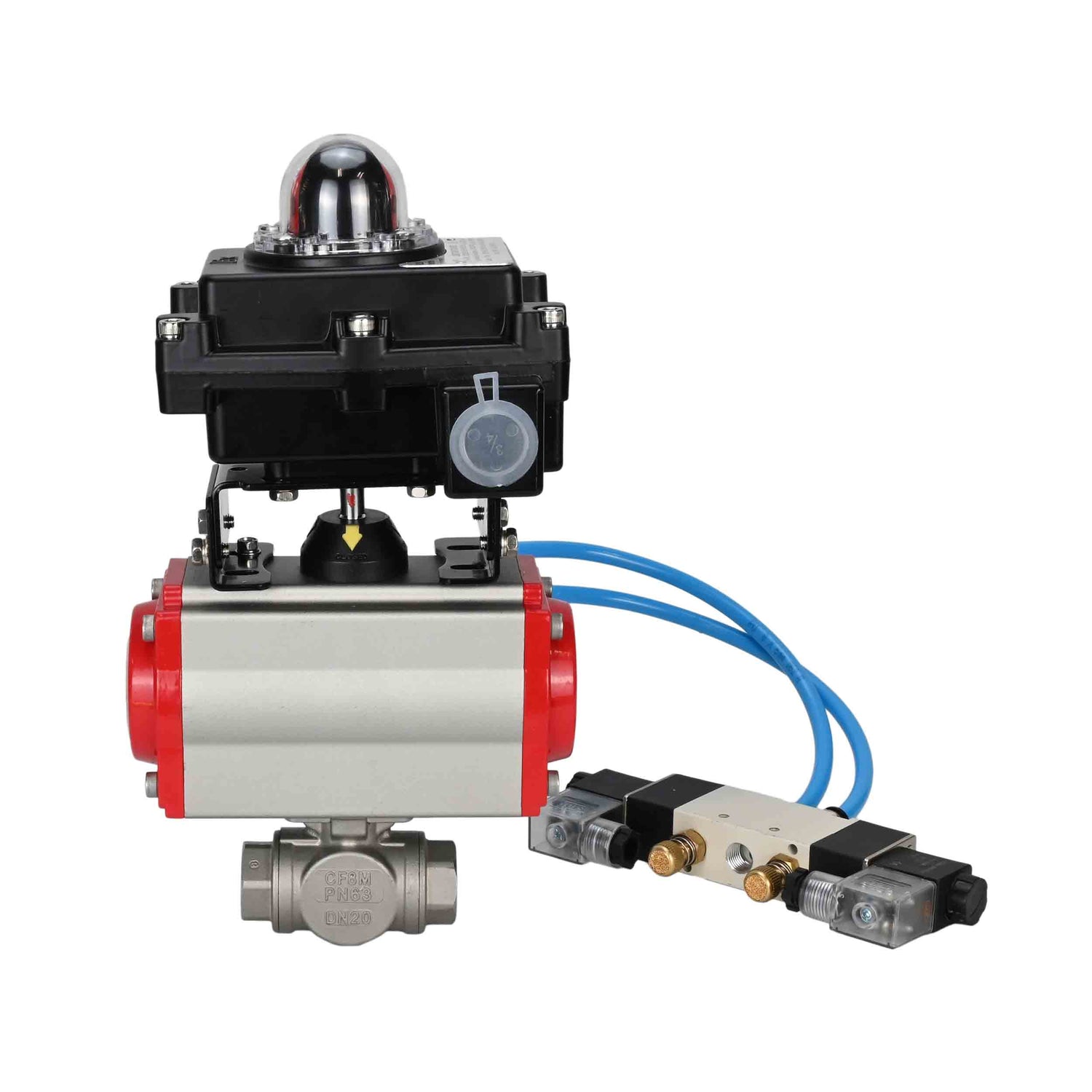 Ball valves Elephant BV3232P(4pc)-SP-3WL-T-ISO-H,  body material - Stainless steel AISI 316, seal - PTFE / PTFE / Teflon, with pneumatic actuator double action PA-DA, 4V320-10 220V, LSU APL-410N Ex