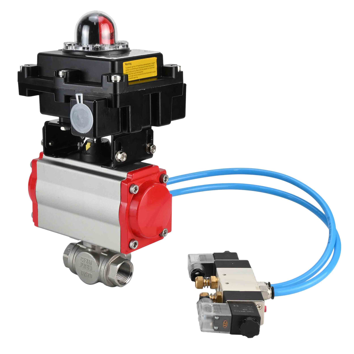 Ball valves Elephant BV3232P(4pc)-SP-3WL-T-ISO-H,  body material - Stainless steel AISI 316, seal - PTFE / PTFE / Teflon, with pneumatic actuator with return springs PA-SA, 4V320-10 220V, LSU APL-410N Ex