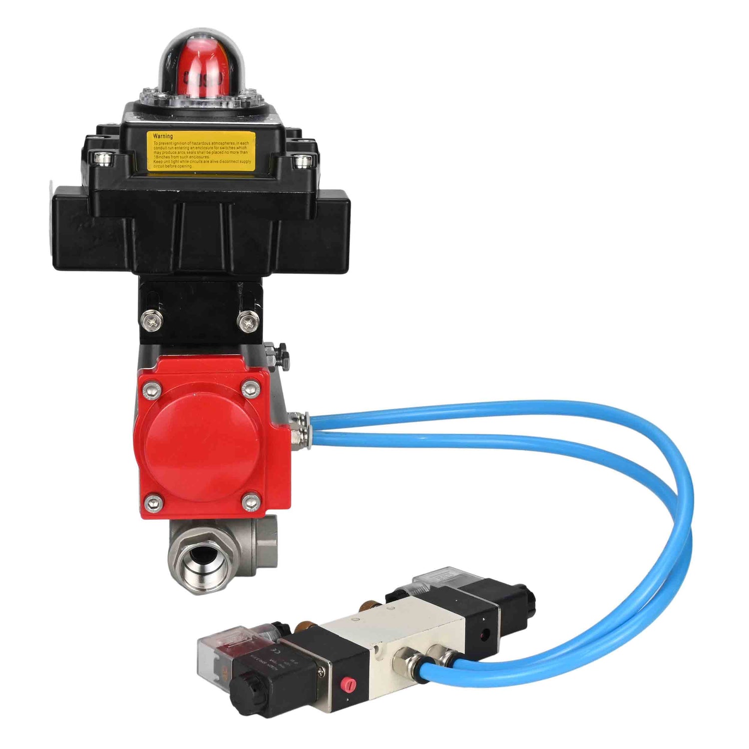 Ball valves Elephant BV3232P(4pc)-SP-3WL-T-ISO-H,  body material - Stainless steel AISI 316, seal - PTFE / PTFE / Teflon, with pneumatic actuator double action PA-DA, 4V320-08 220V, LSU APL-410N Ex