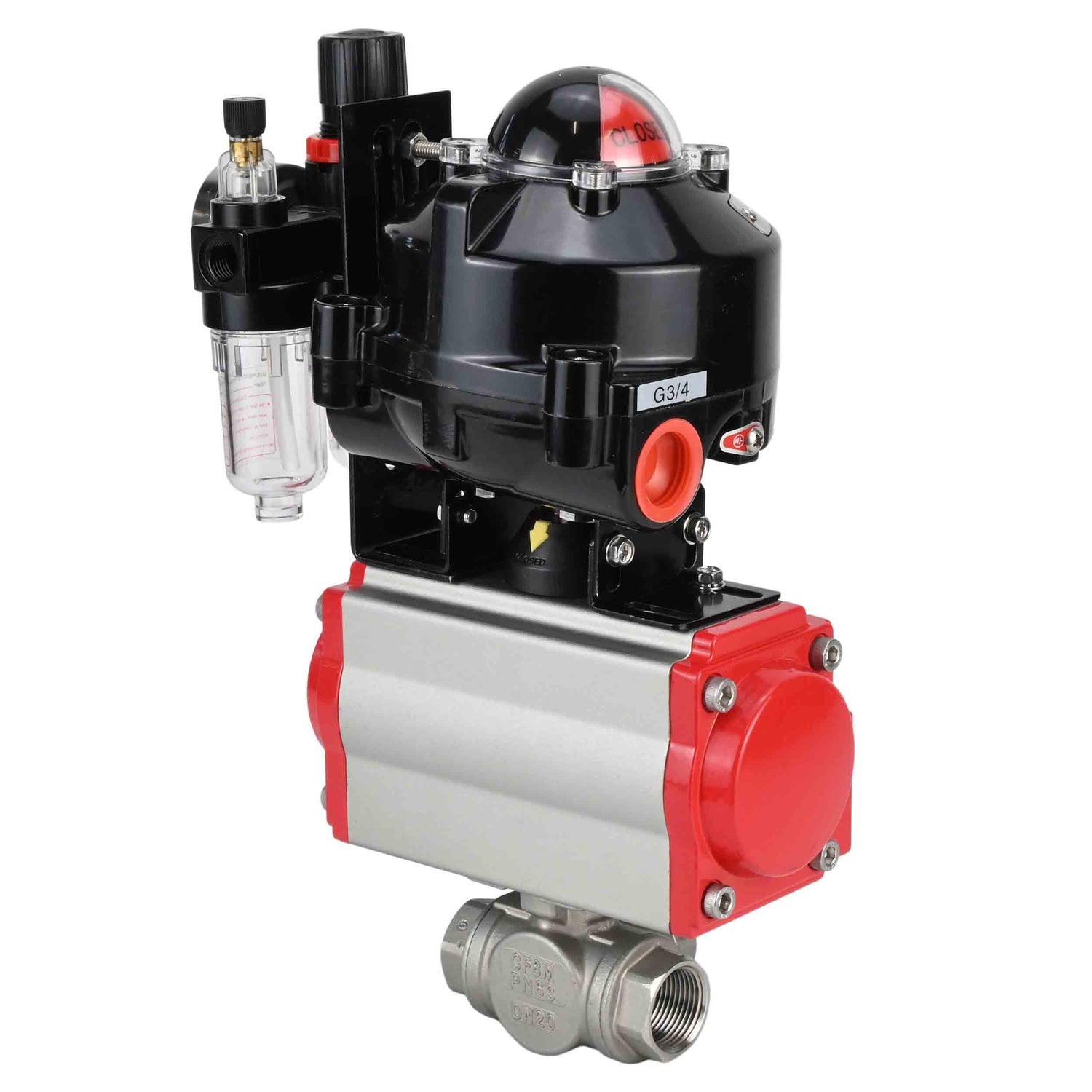 Ball valves Elephant BV3232P-SP-3L-T 3-way L-type, threaded, standard bore, stainless steel body. steel SS316, seal - PTFE, with pneumatic drive Elephant PA-SA 052-105 pneumatic distributor 4M310-08 NAMUR 220V ATU AFC2000 APL-510N-EX