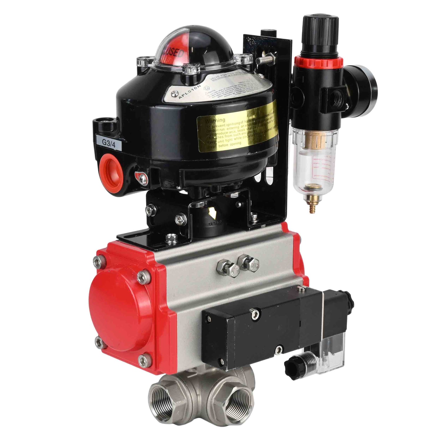 Ball valves Elephant BV3232P-SP-3L-T 3-way L-type, threaded, standard bore, stainless steel body. steel SS316, seal - PTFE, with pneumatic drive Elephant PA-DA 052-083 pneumatic distributor 4M310-08 NAMUR 220V ATU AFC2000 LSU APL-510N-EX