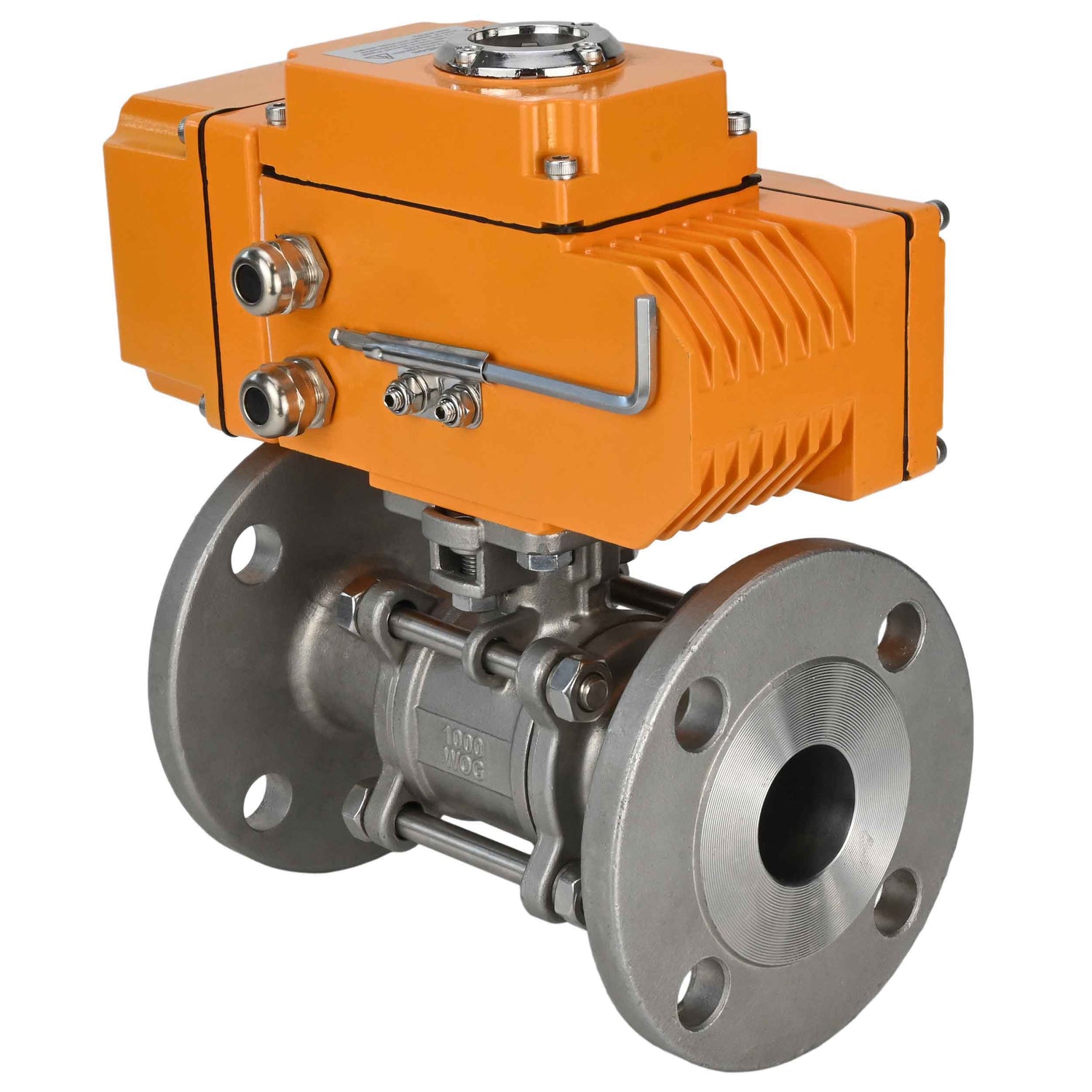 Robinets à boisseau sphérique Elephant BV3232P(3pc)-FP-F-ISO-H trois pièces, passage intégral, à brides, corps - acier inoxydable SS316, joint - PTFE, avec entraînement électrique 1/4 de tour QT-N-EM-O1-220VAC-U1 220V HARK