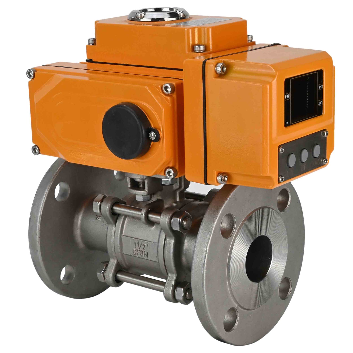 Robinets à boisseau sphérique Elephant BV3131P(3pc)-FP-F-ISO-H trois pièces, passage intégral, à brides, corps - acier inoxydable SS304, joint - PTFE, avec entraînement électrique 1/4 de tour QT-N-EM-O1-220VAC-U1 220V HARK