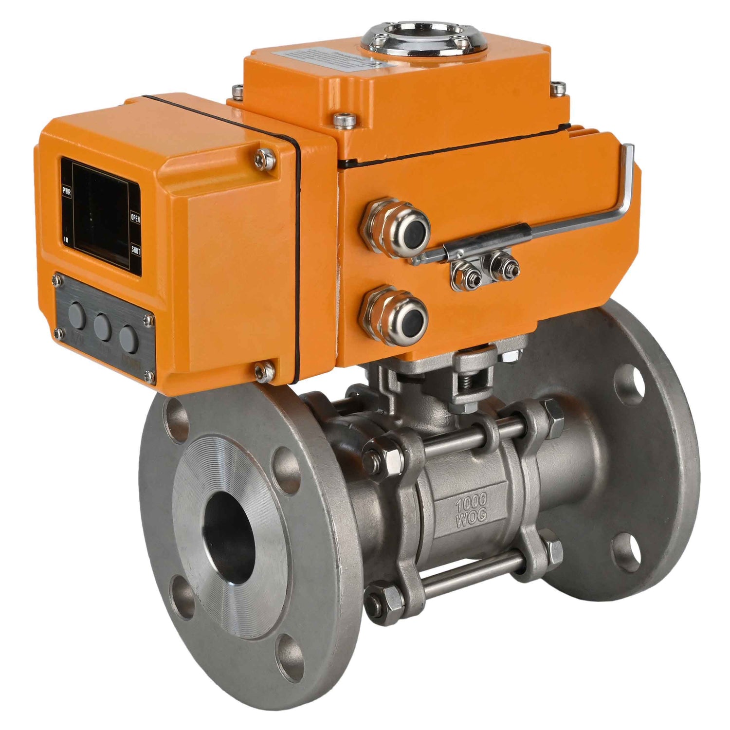Robinets à boisseau sphérique Elephant BV3232P(3pc)-FP-F-ISO-H trois pièces, passage intégral, à brides, corps - acier inoxydable SS316, joint - PTFE, avec entraînement électrique 1/4 de tour QT-N-EM-O1-220VAC-U1 220V HARK