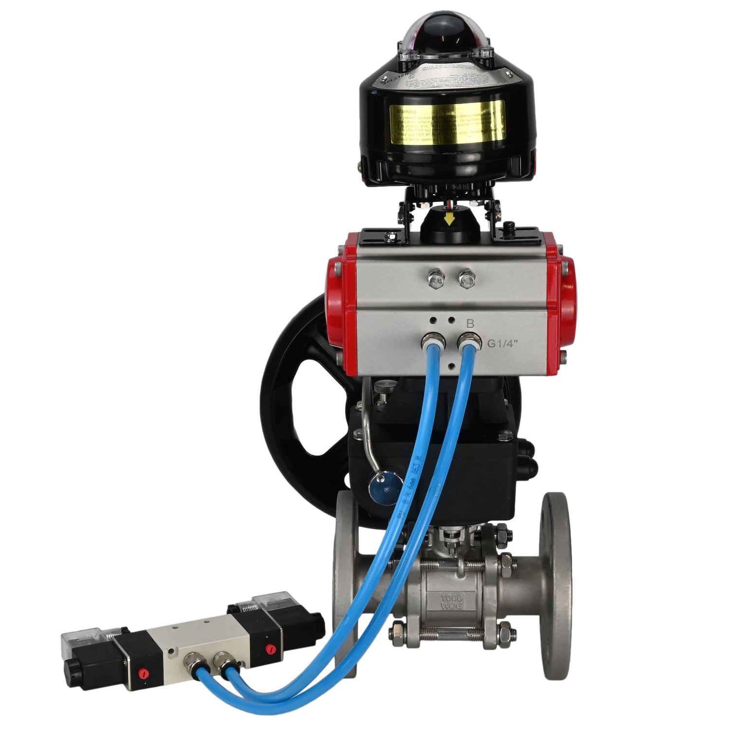 Ball valves Elephant BV3131P(3pc)-FP-F-ISO-H flanged, full bore, three-piece, stainless steel body. steel SS304, seal - PTFE, with pneumatic drive Elephant PA-DA 052-130 pneumatic distributor 4V320-10 gearbox MON LSU APL-510N-EX