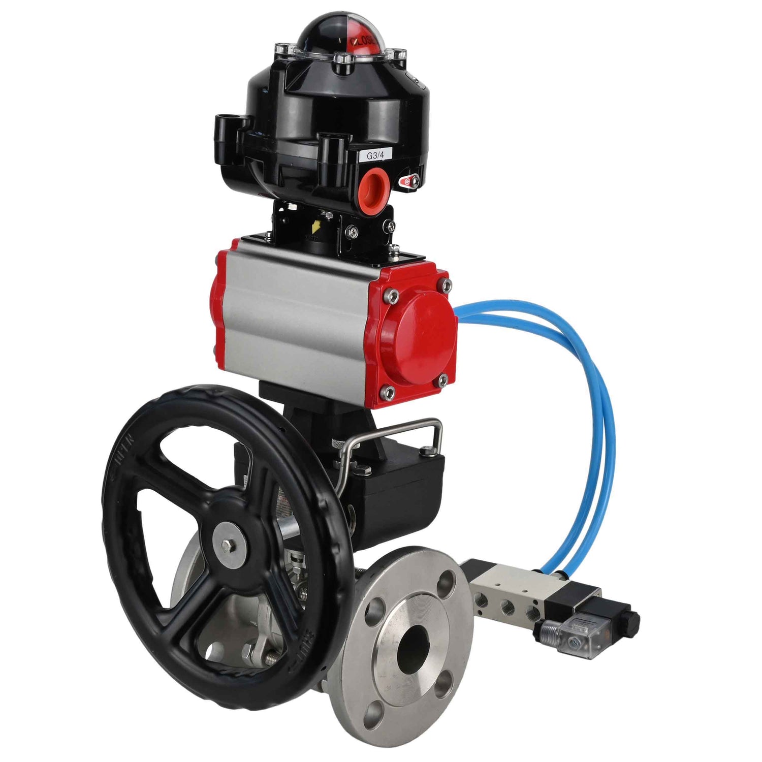 Ball valves Elephant BV3131P(3pc)-FP-F-ISO-H flanged, full bore, three-piece, stainless steel body. steel SS304, seal - PTFE, with pneumatic drive Elephant PA-DA 052-130 pneumatic distributor 4V320-08 gearbox MON LSU APL-510N-EX