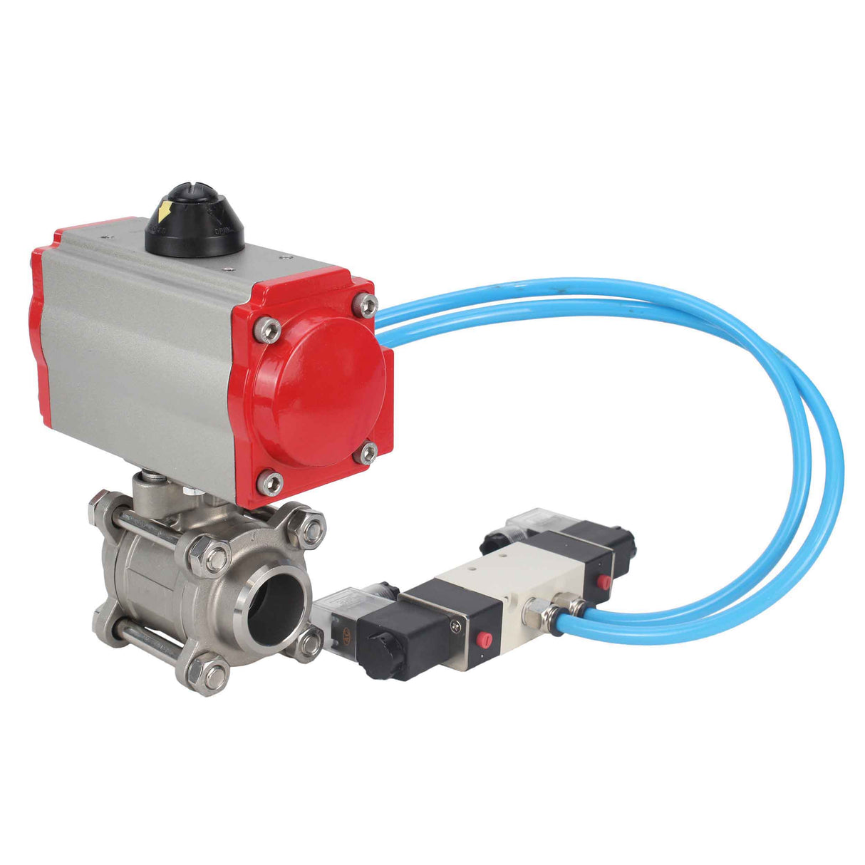 Vannes à boisseau sphérique Elephant BV3232P(3pc)-FP-W-ISO-H 16 bar/25, passage intégral à souder, acier inoxydable SS316, joint - PTFE, avec actionneur pneumatique double effet PA-DA, avec distributeur pneumatique 4V320-08 220V