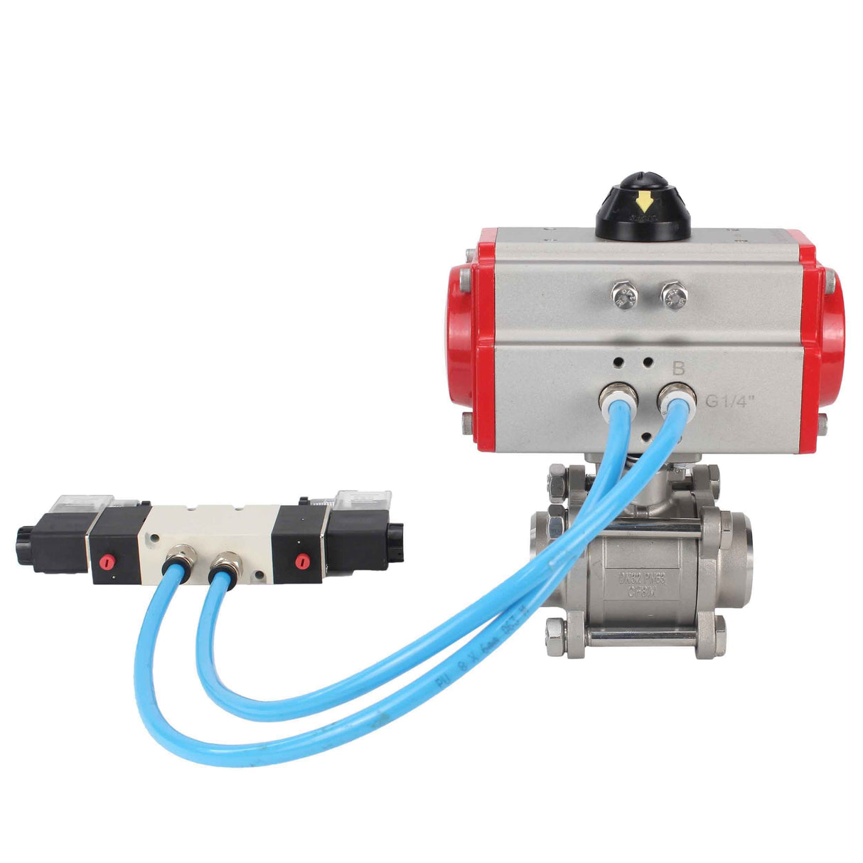 Vannes à boisseau sphérique Elephant BV3232P(3pc)-FP-W-ISO-H 16 bar/25, passage intégral à souder, acier inoxydable SS316, joint - PTFE, avec actionneur pneumatique double effet PA-DA, avec distributeur pneumatique 4V320-10 220V