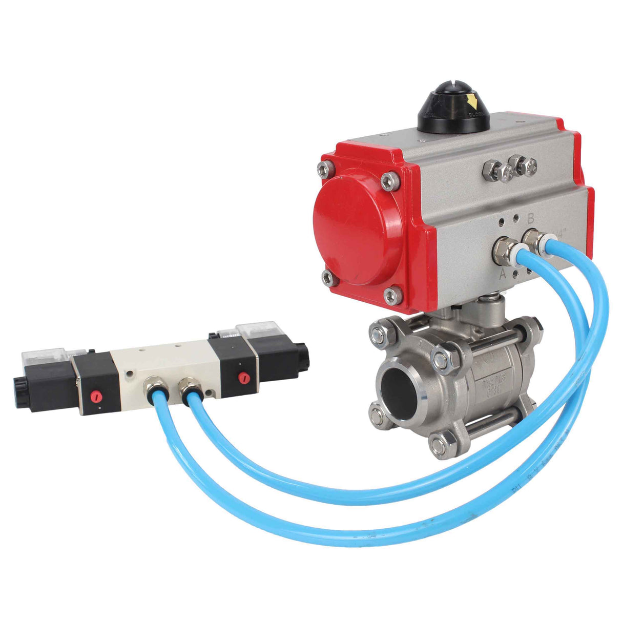 Vannes à boisseau sphérique Elephant BV3232P(3pc)-FP-W-ISO-H 16 bar/25, passage intégral à souder, acier inoxydable SS316, joint - PTFE, avec actionneur pneumatique double effet PA-DA, avec distributeur pneumatique 4V320-08 220V