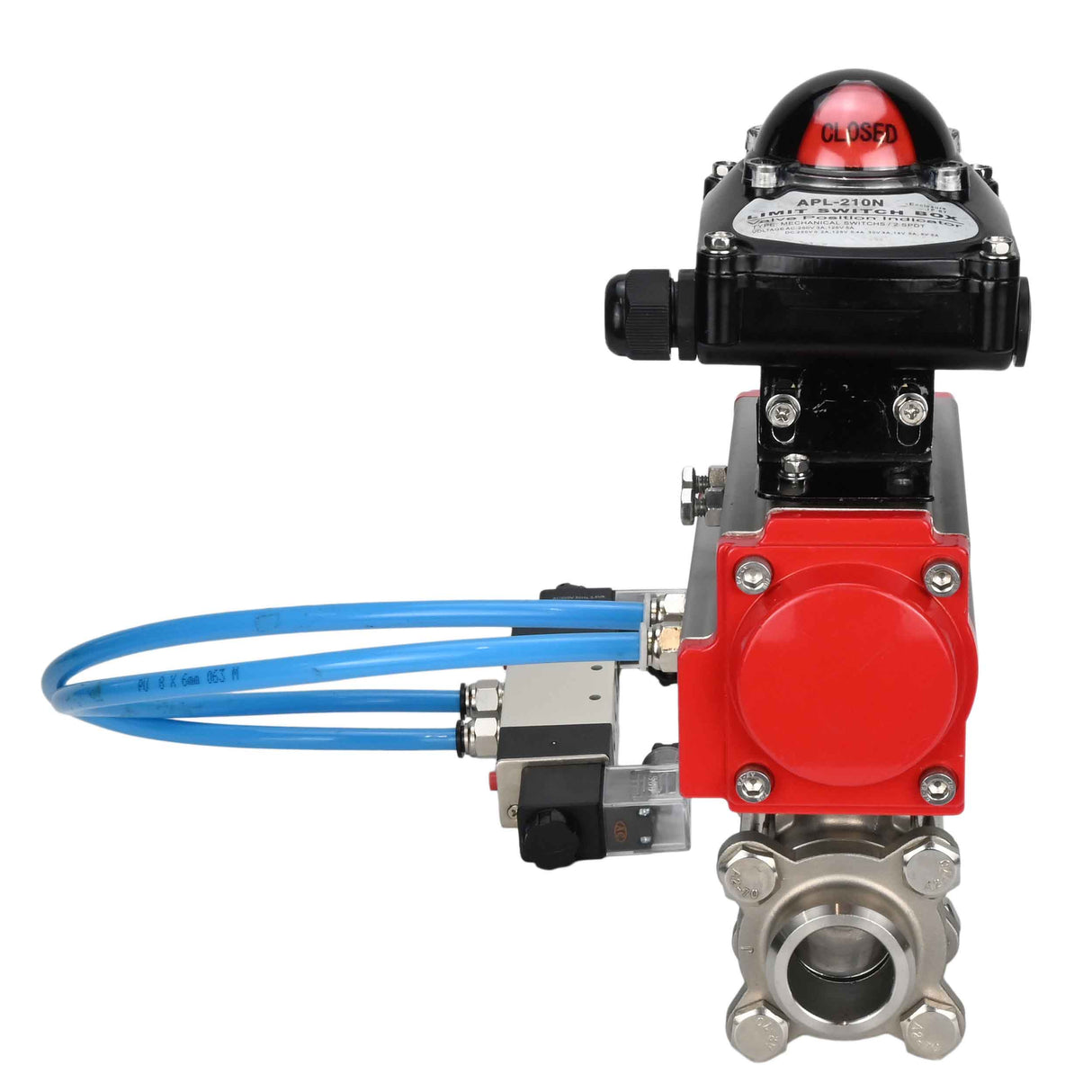 Vannes à boisseau sphérique Elephant BV3232P(3pc)-FP-W-ISO-H 16 bar/25, passage intégral à souder, acier inoxydable SS316, joint - PTFE, avec actionneur pneumatique double effet PA-DA, avec distributeur pneumatique 4V320-10 220V, avec BKV APL-210N