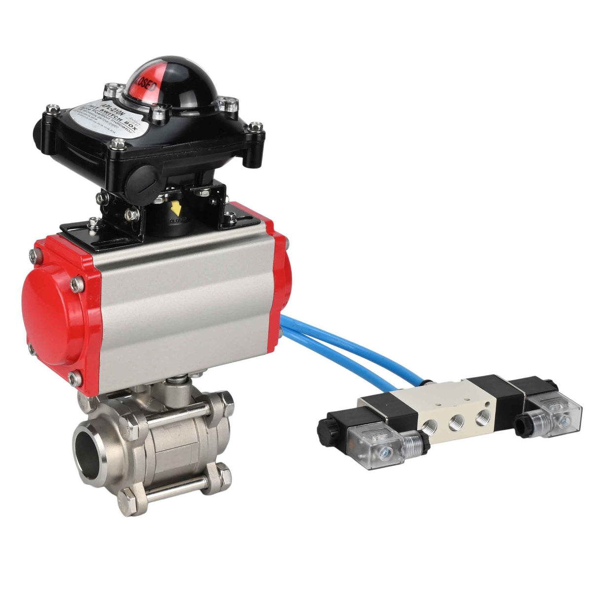 Vannes à boisseau sphérique Elephant BV3232P(3pc)-FP-W-ISO-H 16 bar/25, passage intégral à souder, acier inoxydable SS316, joint - PTFE, avec actionneur pneumatique double effet PA-DA, avec distributeur pneumatique 4V320-08 220V, avec BKV APL-210N