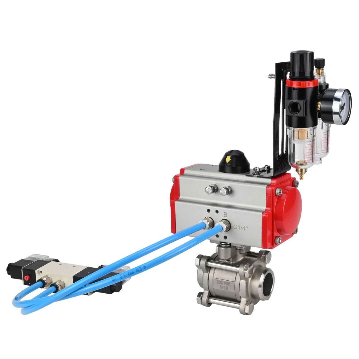 Vannes à boisseau sphérique Elephant BV3232P(3pc)-FP-W-ISO-H 16 bar/25, passage intégral à souder, acier inoxydable SS316, joint - PTFE, avec actionneur pneumatique double effet PA-DA, avec distributeur pneumatique 4V320-08 220V, avec BPV AFC2000
