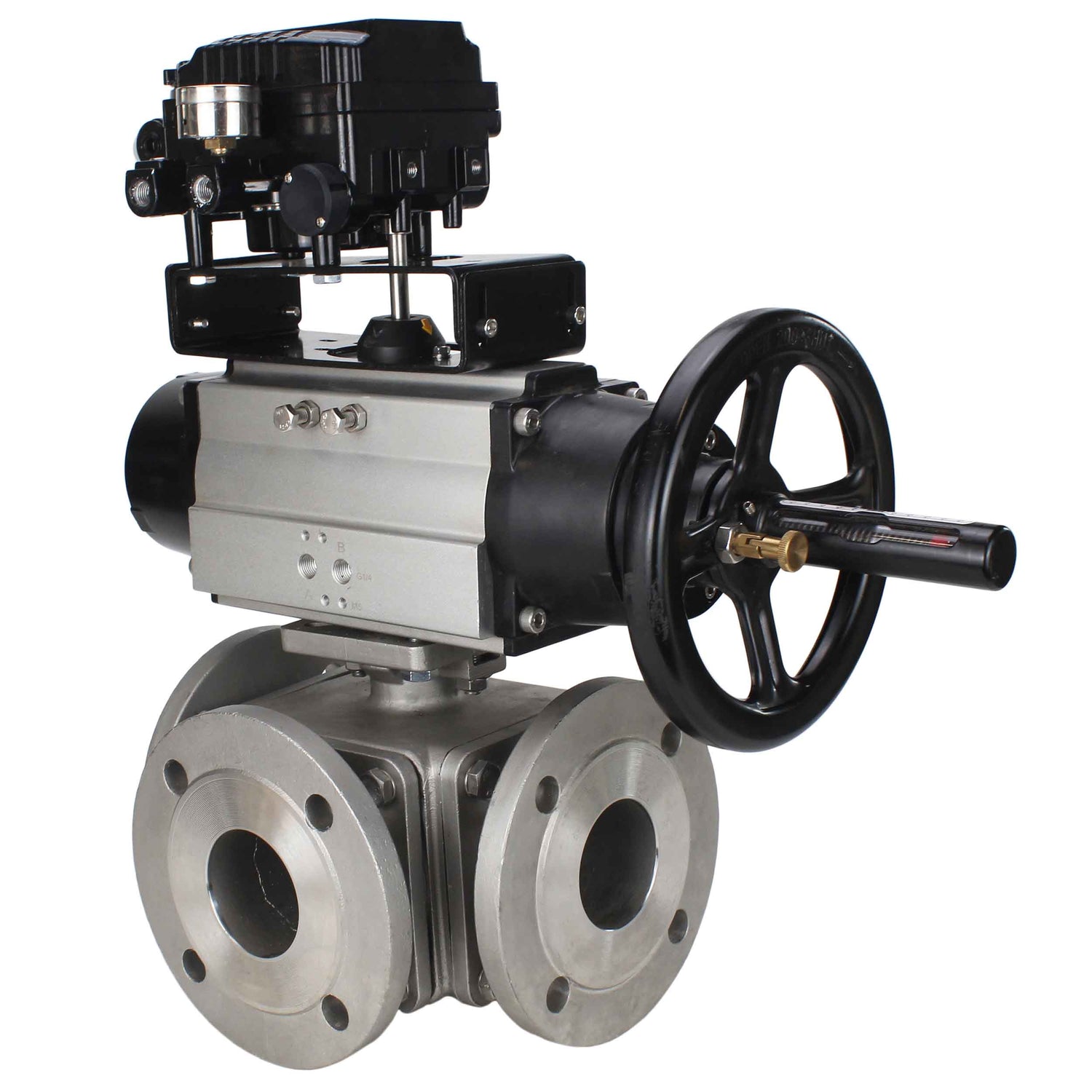 Ball valves Elephant BV3232P(4pc)-FP-3WL-F-ISO-H DN100 16 bar full bore, flanged, body - stainless steel SS316, ISO flange F10/F12, square 19x19, with double pneumatic actuator PA-DA-105-1 action and pneumatic positioner YT-1000RSN without feedback