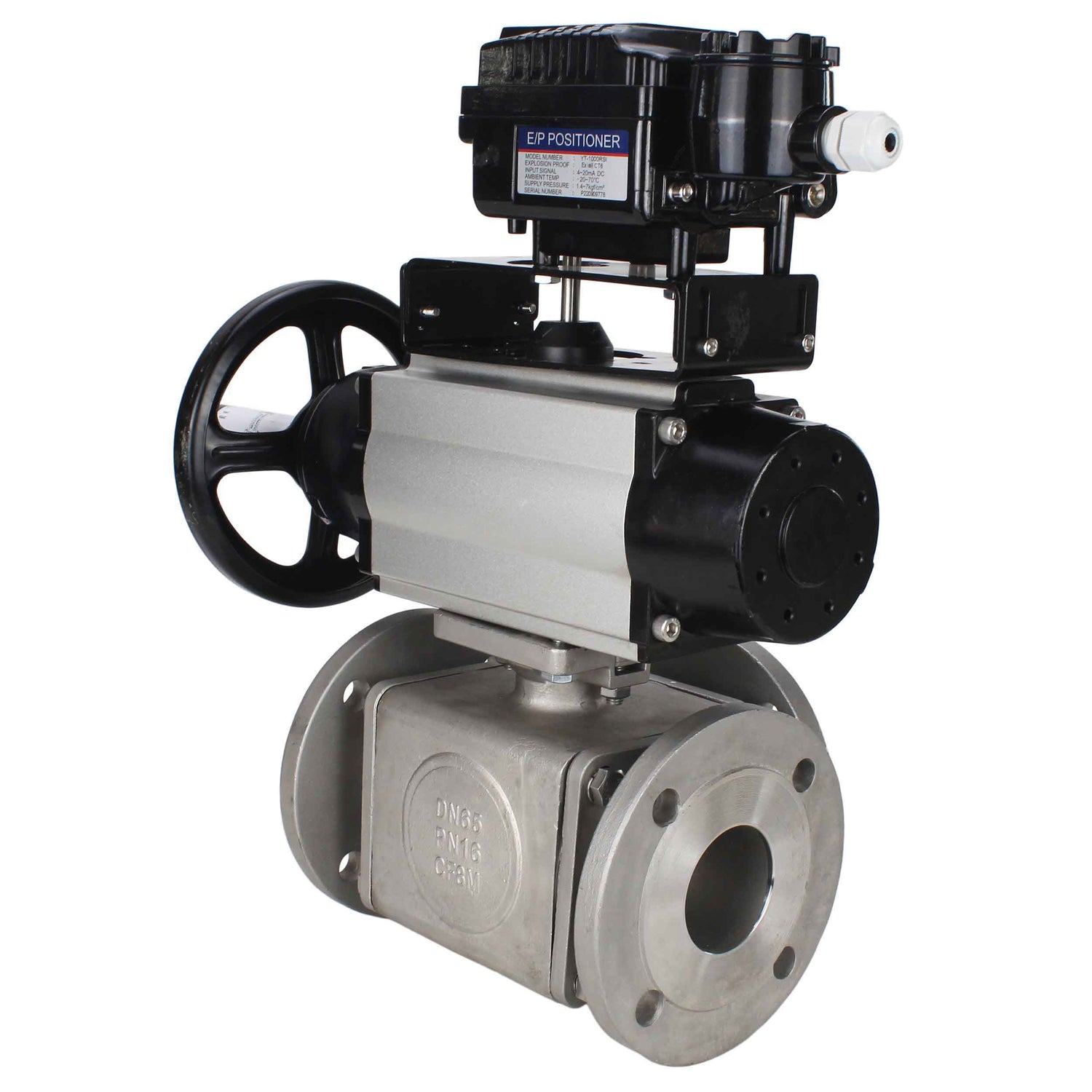Ball valves Elephant BV3232P(4pc)-FP-3WL-F-ISO-H DN100 16 bar full bore, flanged, body - stainless steel SS316, ISO flange F10/F12, square 19x19, with double pneumatic actuator PA-DA-105-1 action and pneumatic positioner YT-1000RSN with feedback