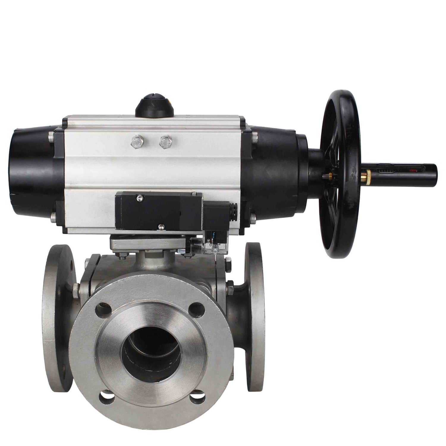 Ball valves Elephant BV3232P(4pc)-FP-3WL-F-ISO-H DN100 16 bar full bore, flanged, body - stainless steel SS316, ISO flange F10/F12, square 19x19, with double pneumatic actuator PA-DA-105-1 action and pneumatic distributor 4M310-08 NAMUR 24V