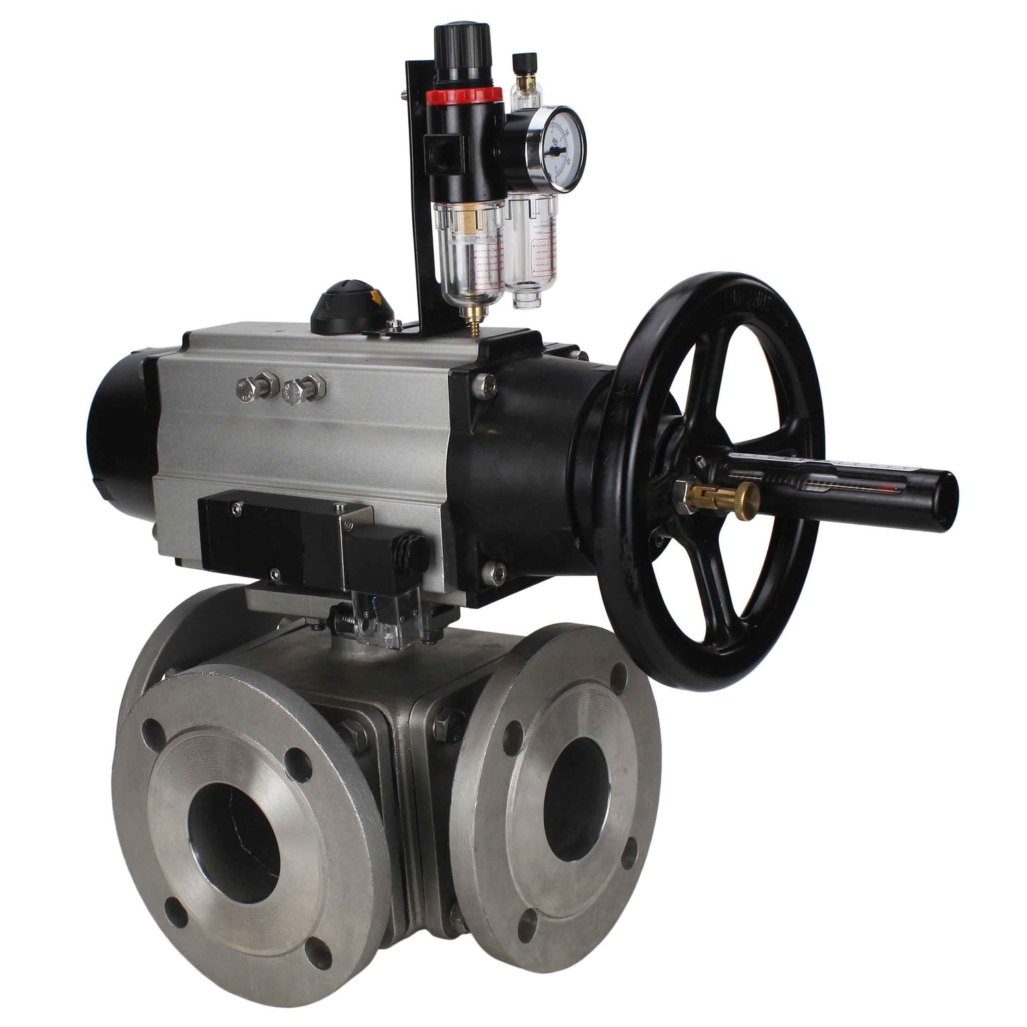 Ball valves Elephant BV3232P(4pc)-FP-3WL-F-ISO-H DN100 16 bar full bore, flanged, body - stainless steel SS316, ISO flange F10/F12, square 19x19, with double pneumatic actuator PA-DA-105-1 action, pneumatic distributor 4M310-08 NAMUR 24V and ATU AFC2000