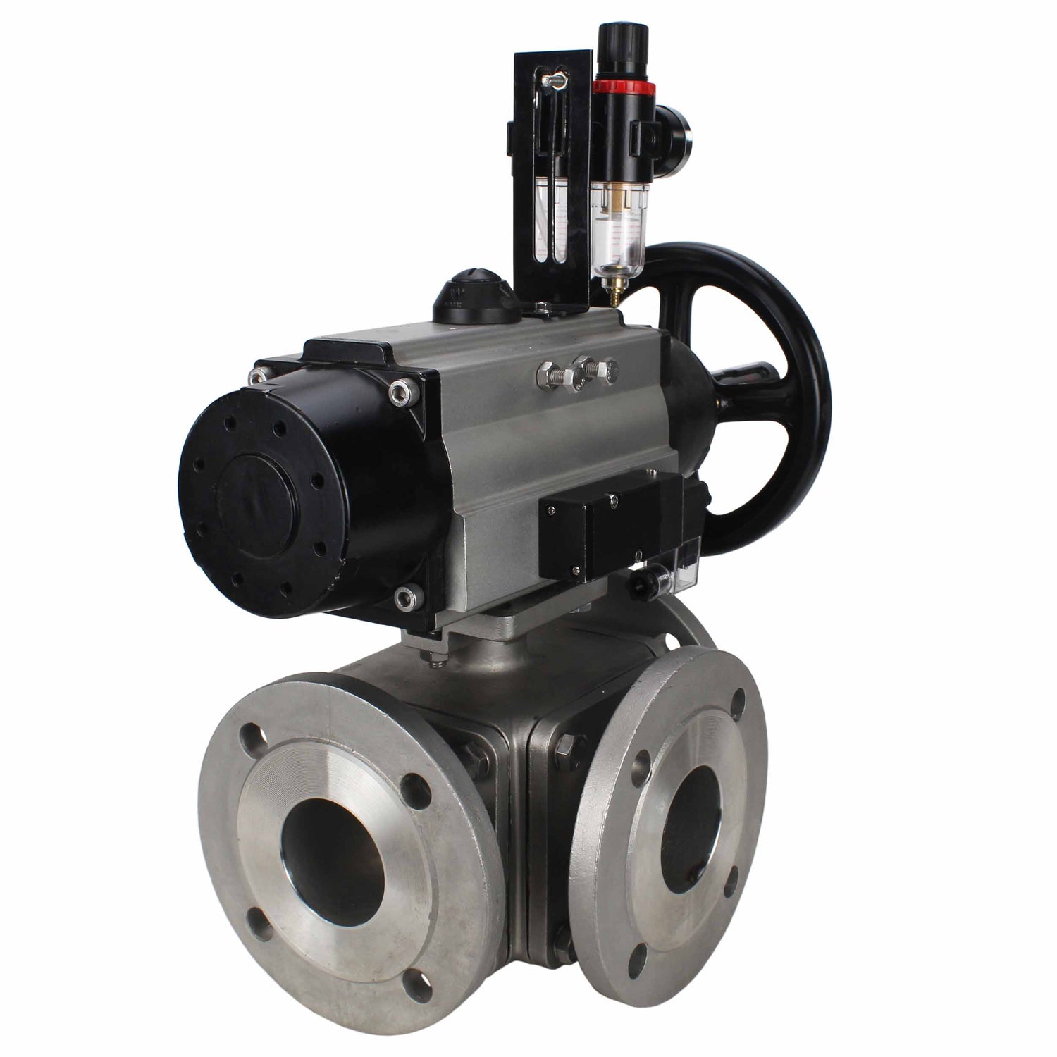Ball valves Elephant BV3232P(4pc)-FP-3WL-F-ISO-H DN100 16 bar full bore, flanged, body - stainless steel SS316, ISO flange F10/F12, square 19x19, with double pneumatic actuator PA-DA-105-1 action, pneumatic distributor 4M310-08 NAMUR 220V and ATU AFC2000