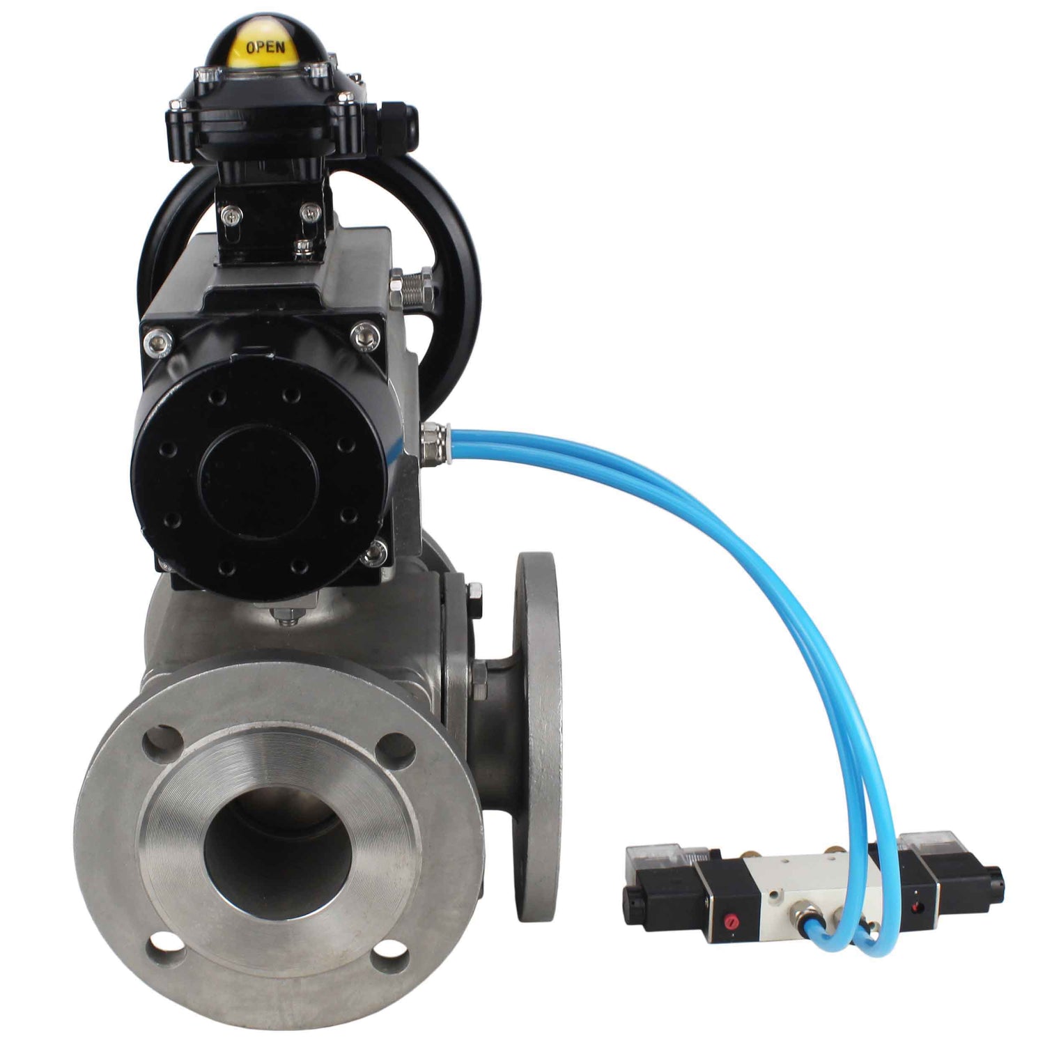 Ball valves Elephant BV3232P(4pc)-FP-3WL-F-ISO-H DN100 16 bar full bore, flanged, body - stainless steel SS316, ISO flange F10/F12, square 19x19, with double pneumatic actuator PA-DA-105-1 action, pneumatic distributor 4V320-8 220V and LSU APL-210N