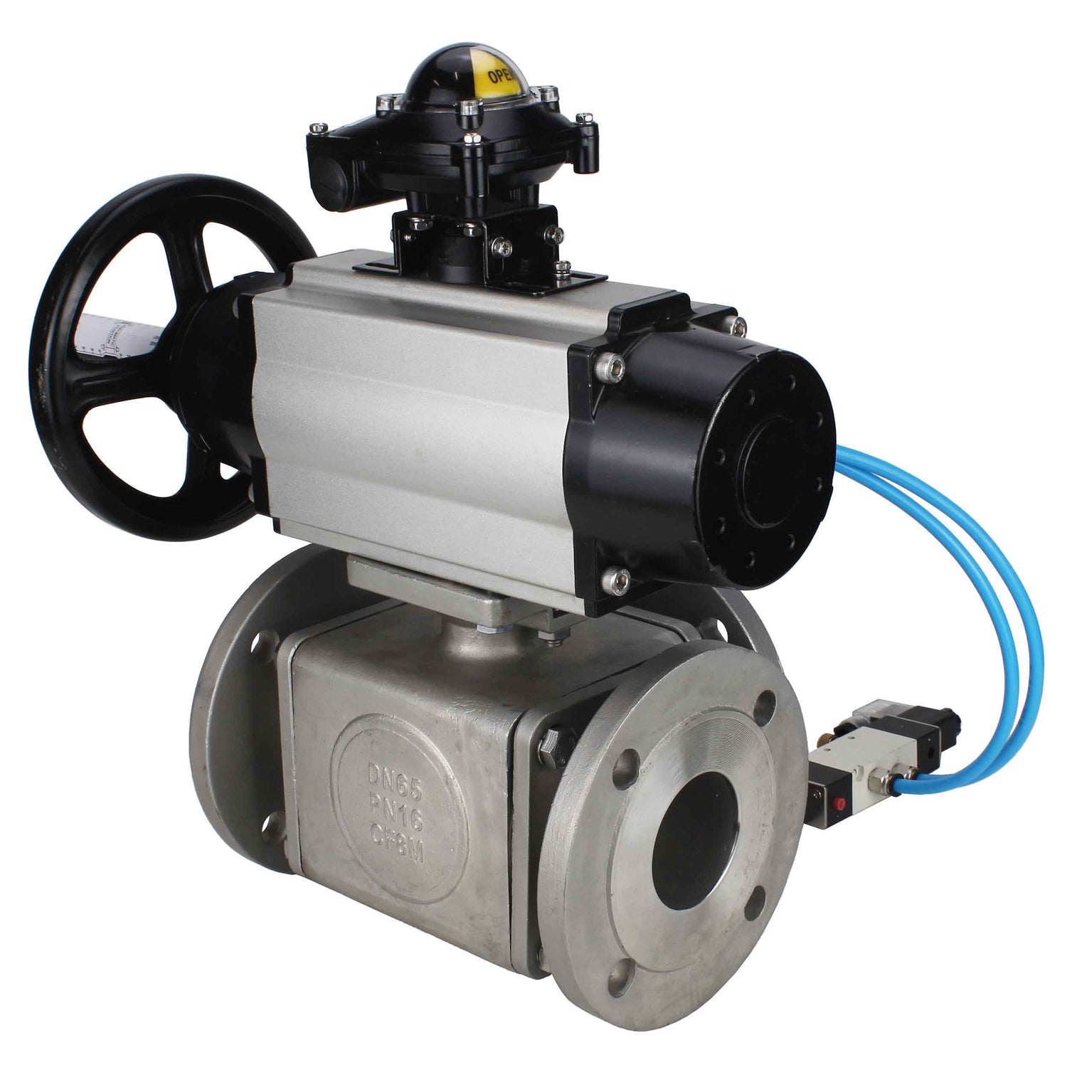 Ball valves Elephant BV3232P(4pc)-FP-3WL-F-ISO-H DN100 16 bar full bore, flanged, body - stainless steel SS316, ISO flange F10/F12, square 19x19, with double pneumatic actuator PA-DA-105-1 action, pneumatic distributor 4V320-10 220V and LSU APL-210N