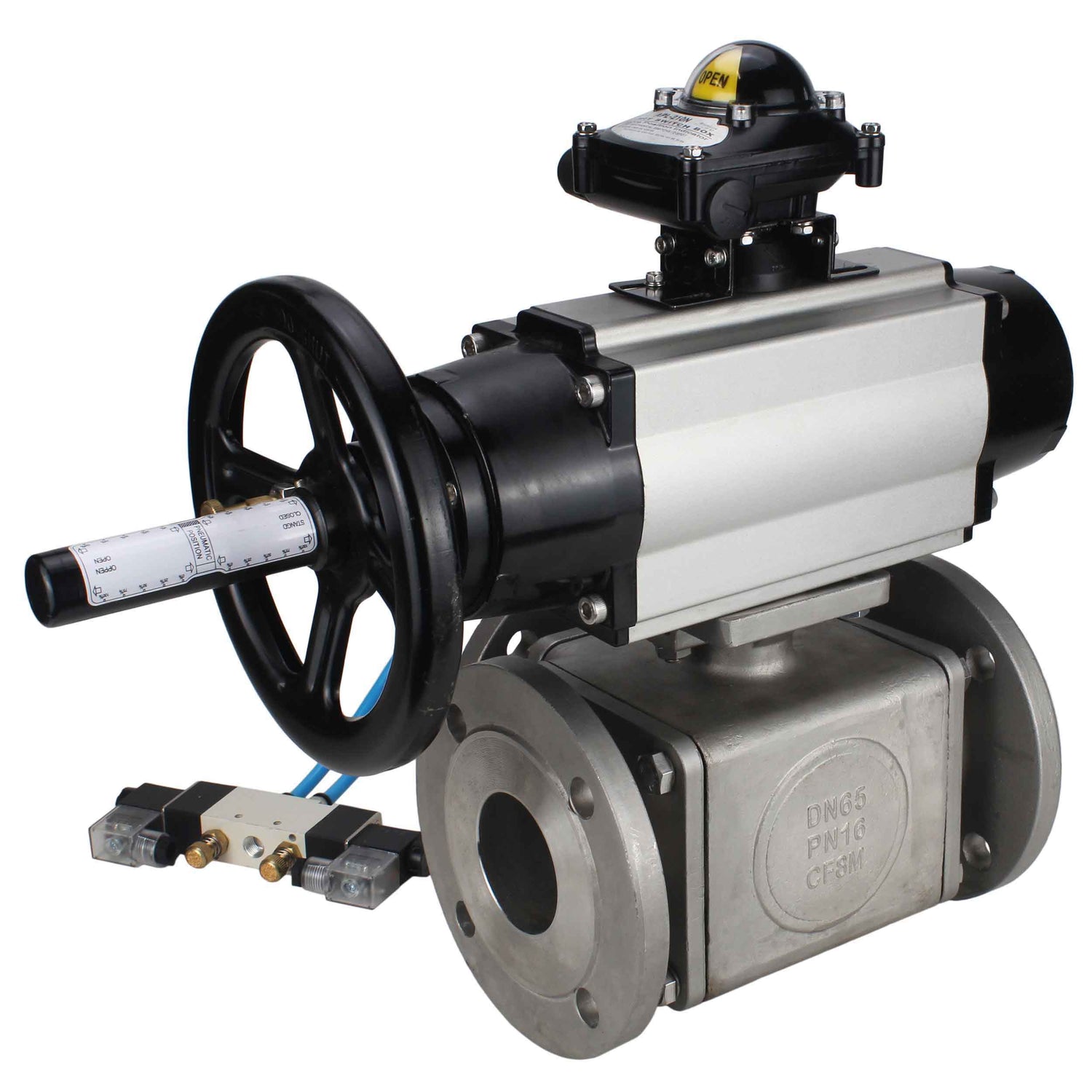Ball valves Elephant BV3232P(4pc)-FP-3WL-F-ISO-H DN100 16 bar full bore, flanged, body - stainless steel SS316, ISO flange F10/F12, square 19x19, with double pneumatic actuator PA-DA-105-1 action, pneumatic distributor 4V320-8 220V and LSU APL-210N
