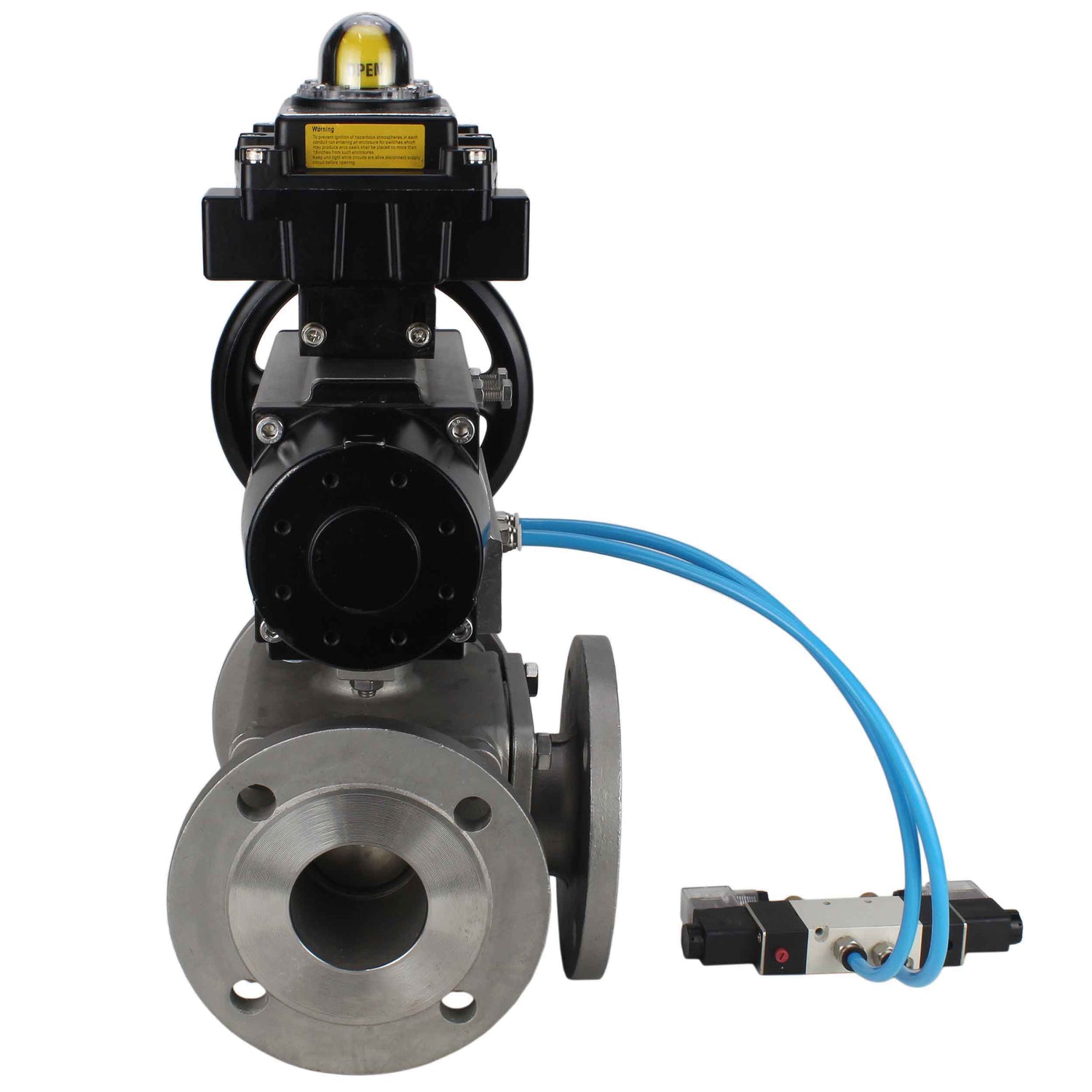 Ball valves Elephant BV3232P(4pc)-FP-3WL-F-ISO-H DN100 16 bar full bore, flanged, body - stainless steel SS316, ISO flange F10/F12, square 19x19, with double pneumatic actuator PA-DA-105-1 action, pneumatic distributor 4V320-10 220V and LSU APL-410N E