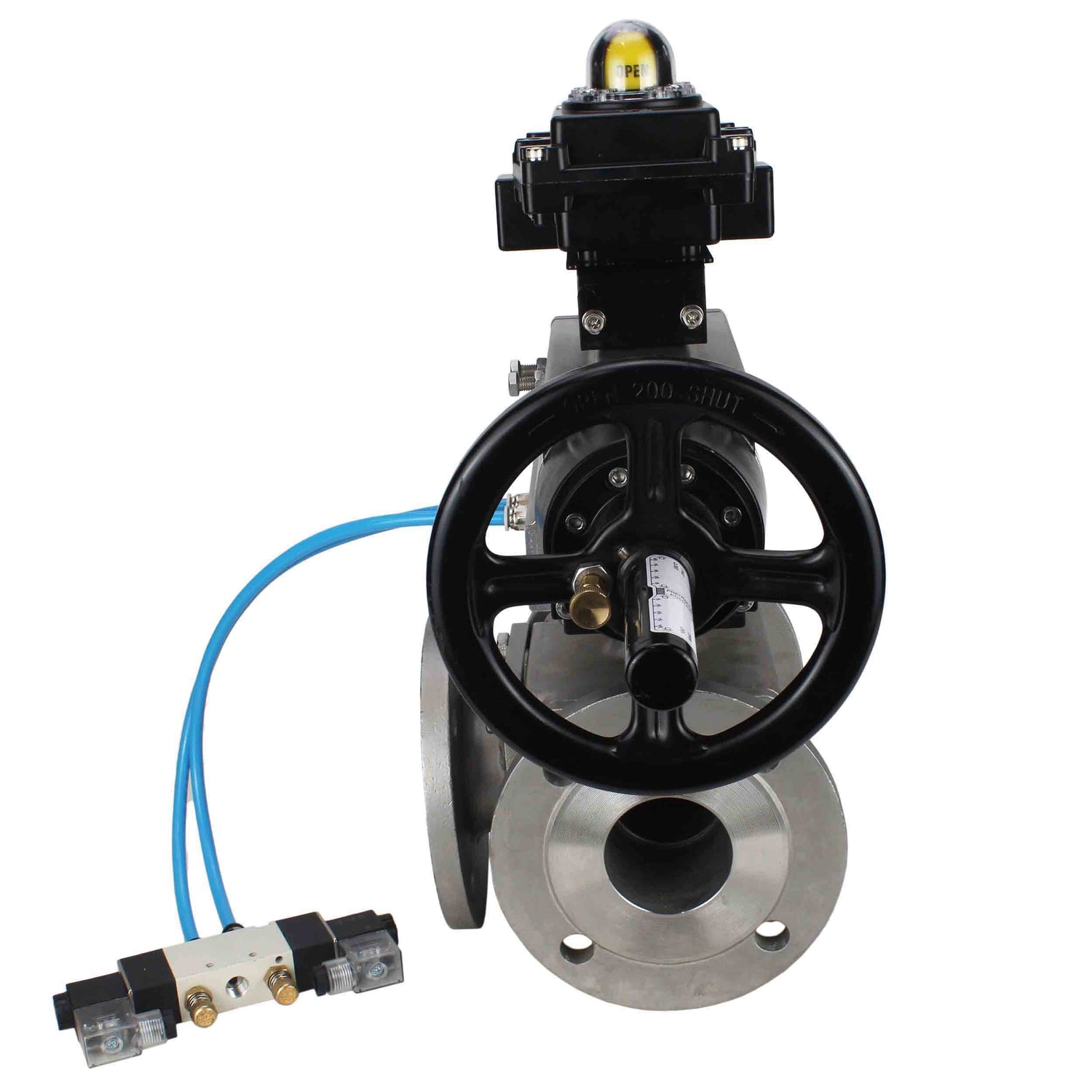 Ball valves Elephant BV3232P(4pc)-FP-3WL-F-ISO-H DN100 16 bar full bore, flanged, body - stainless steel SS316, ISO flange F10/F12, square 19x19, with double pneumatic actuator PA-DA-105-1 action, pneumatic distributor 4V320-10 220V and LSU APL-410N E