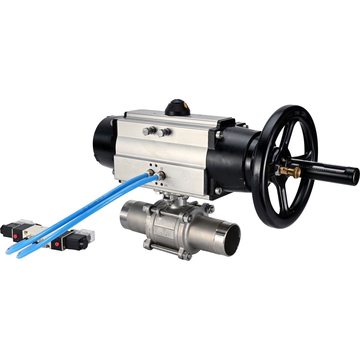 Ball valves Elephant BV3232P(3pc)-FP-W-ISO-H LONG,  body material - Stainless steel AISI 316, seal - PTFE / PTFE / Teflon, with pneumatic actuator double action PA-DA-105-1, 4V320-08 220V
