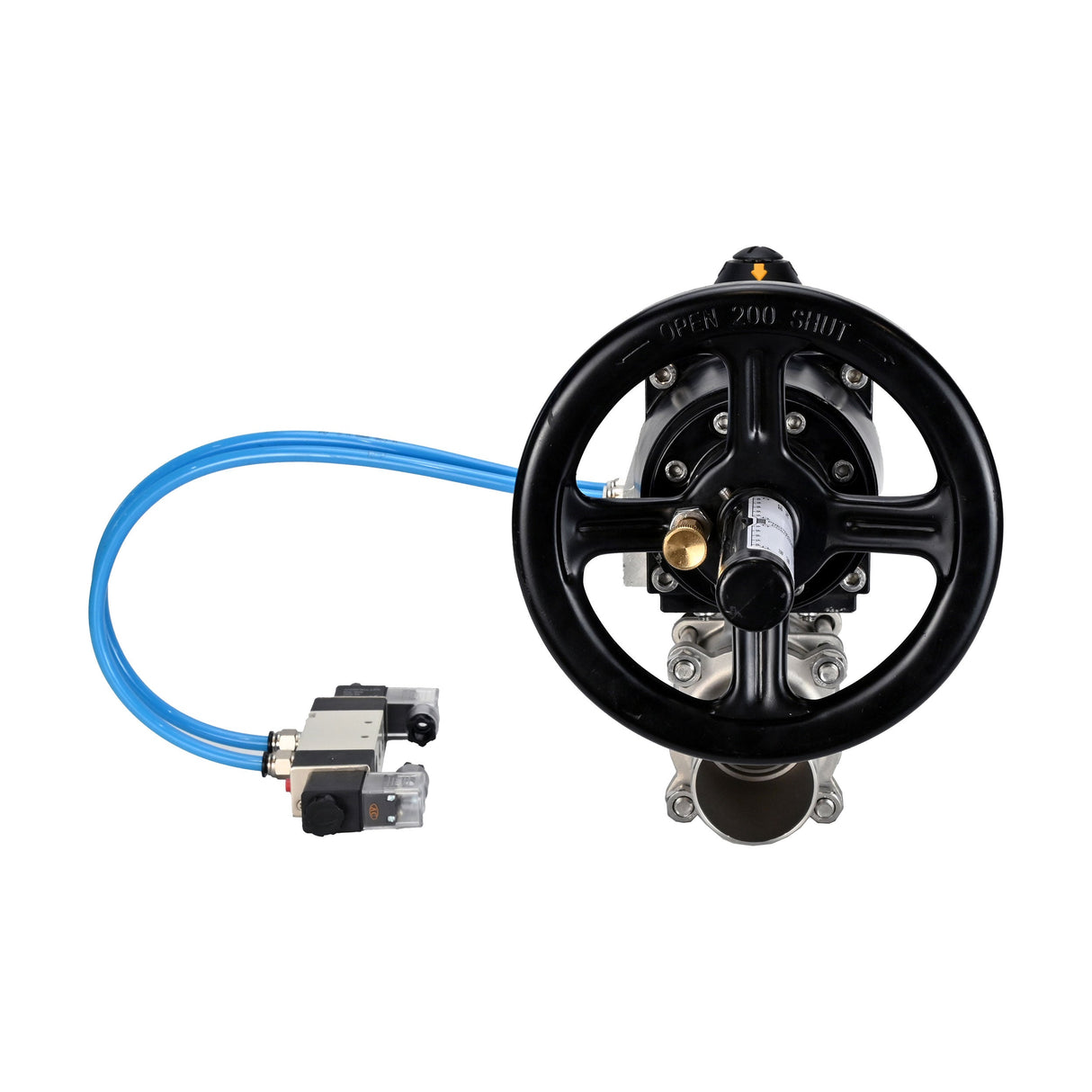 Ball valves Elephant BV3232P(3pc)-FP-W-ISO-H LONG,  body material - Stainless steel AISI 316, seal - PTFE / PTFE / Teflon, with pneumatic actuator double action PA-DA-105-1, 4V320-08 220V