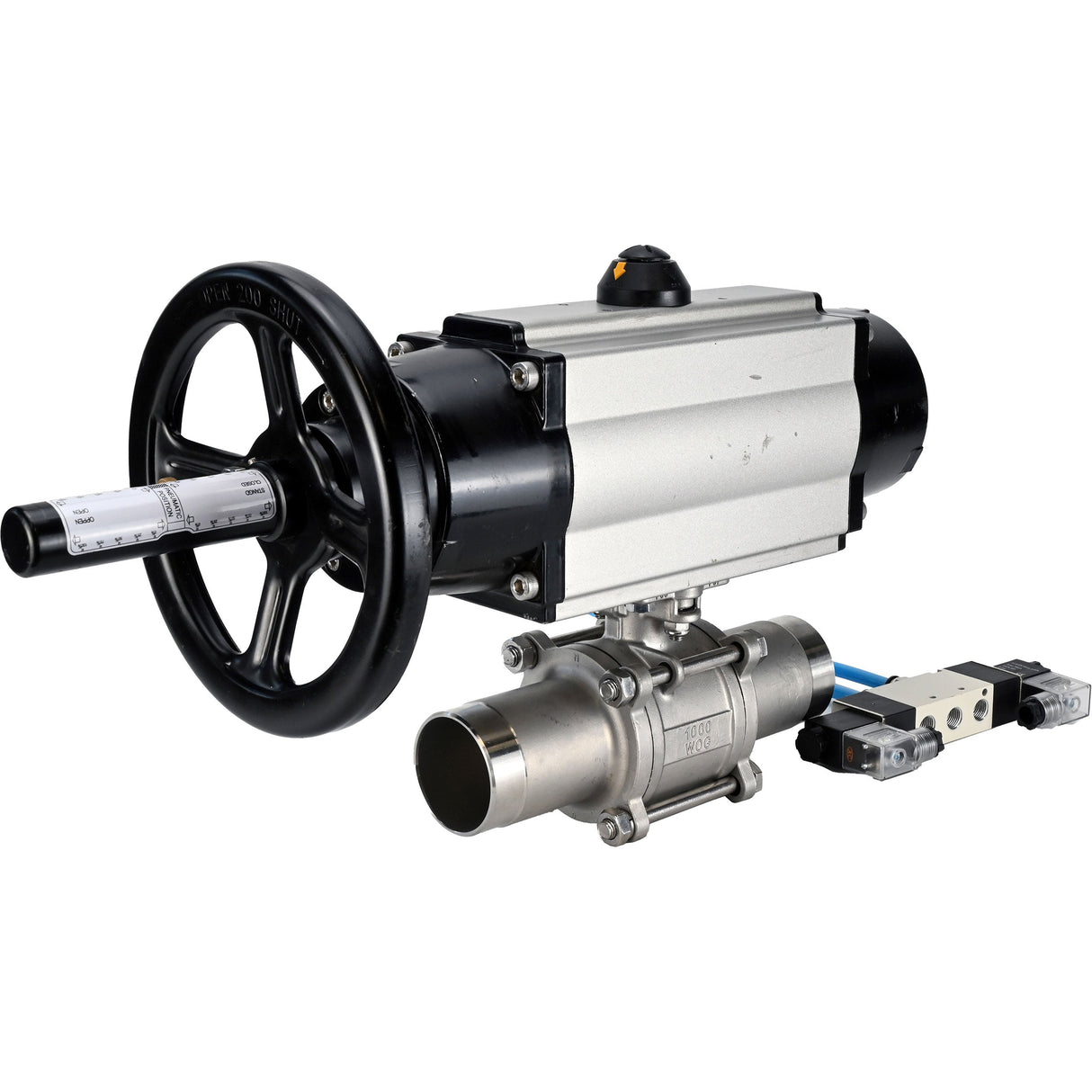 Ball valves Elephant BV3232P(3pc)-FP-W-ISO-H LONG,  body material - Stainless steel AISI 316, seal - PTFE / PTFE / Teflon, with pneumatic actuator double action PA-DA-105-1, 4V320-10 220V