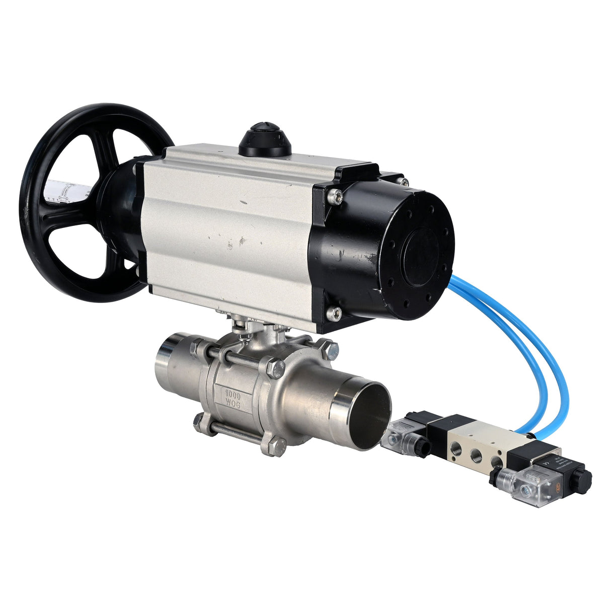 Ball valves Elephant BV3232P(3pc)-FP-W-ISO-H LONG,  body material - Stainless steel AISI 316, seal - PTFE / PTFE / Teflon, with pneumatic actuator double action PA-DA-105-1, 4V320-10 220V