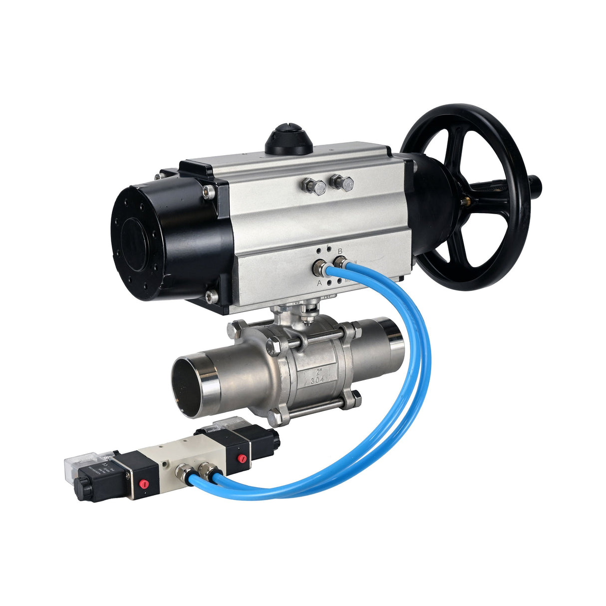 Ball valves Elephant BV3232P(3pc)-FP-W-ISO-H LONG,  body material - Stainless steel AISI 316, seal - PTFE / PTFE / Teflon, with pneumatic actuator double action PA-DA-105-1, 4V320-08 220V
