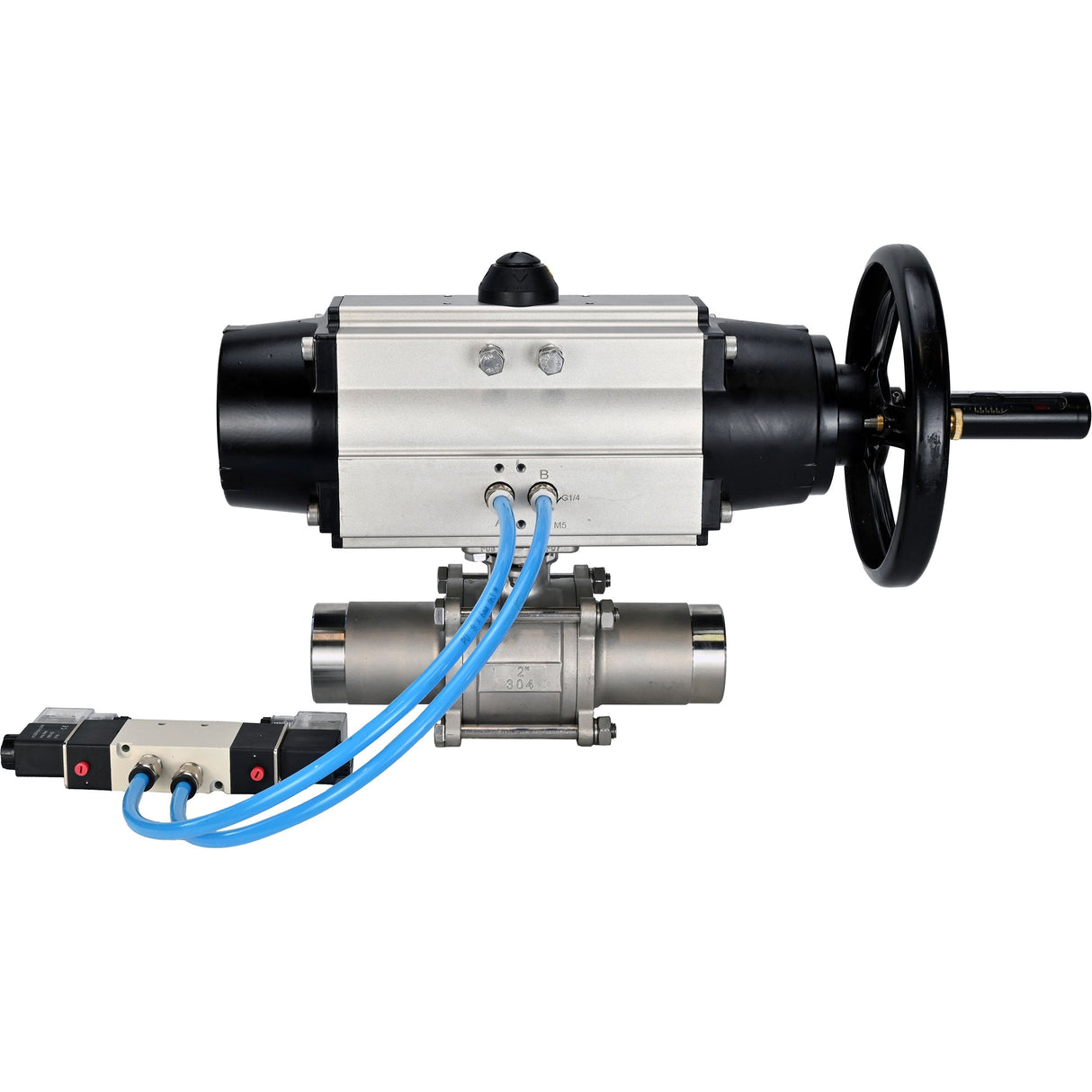 Ball valves Elephant BV3232P(3pc)-FP-W-ISO-H LONG,  body material - Stainless steel AISI 316, seal - PTFE / PTFE / Teflon, with pneumatic actuator double action PA-DA-105-1, 4V320-08 220V