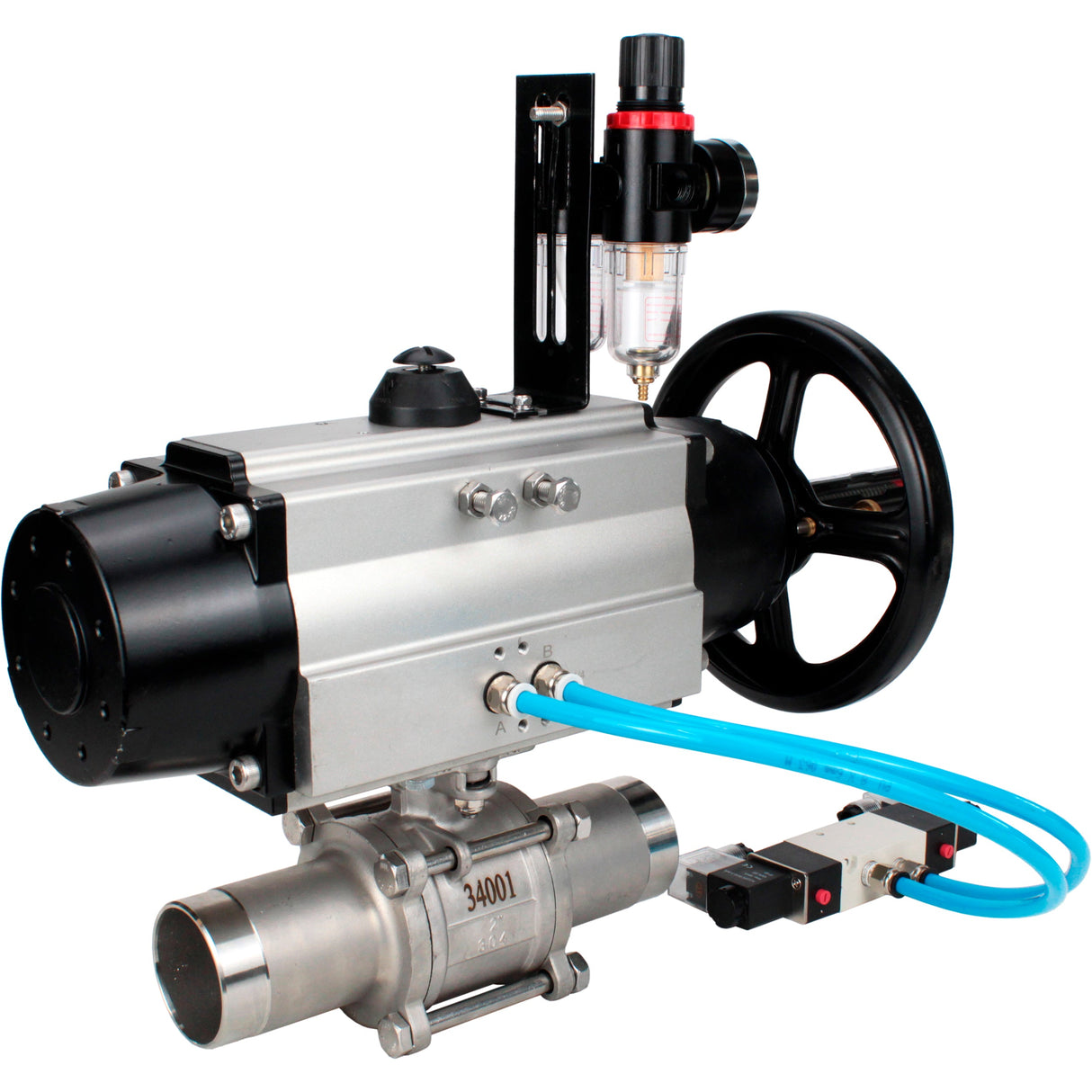 Ball valves Elephant BV3232P(3pc)-FP-W-ISO-H LONG,  body material - Stainless steel AISI 316, seal - PTFE / PTFE / Teflon, with pneumatic actuator double action PA-DA-105-1, 4V320-08 220V, ATU AFC2000