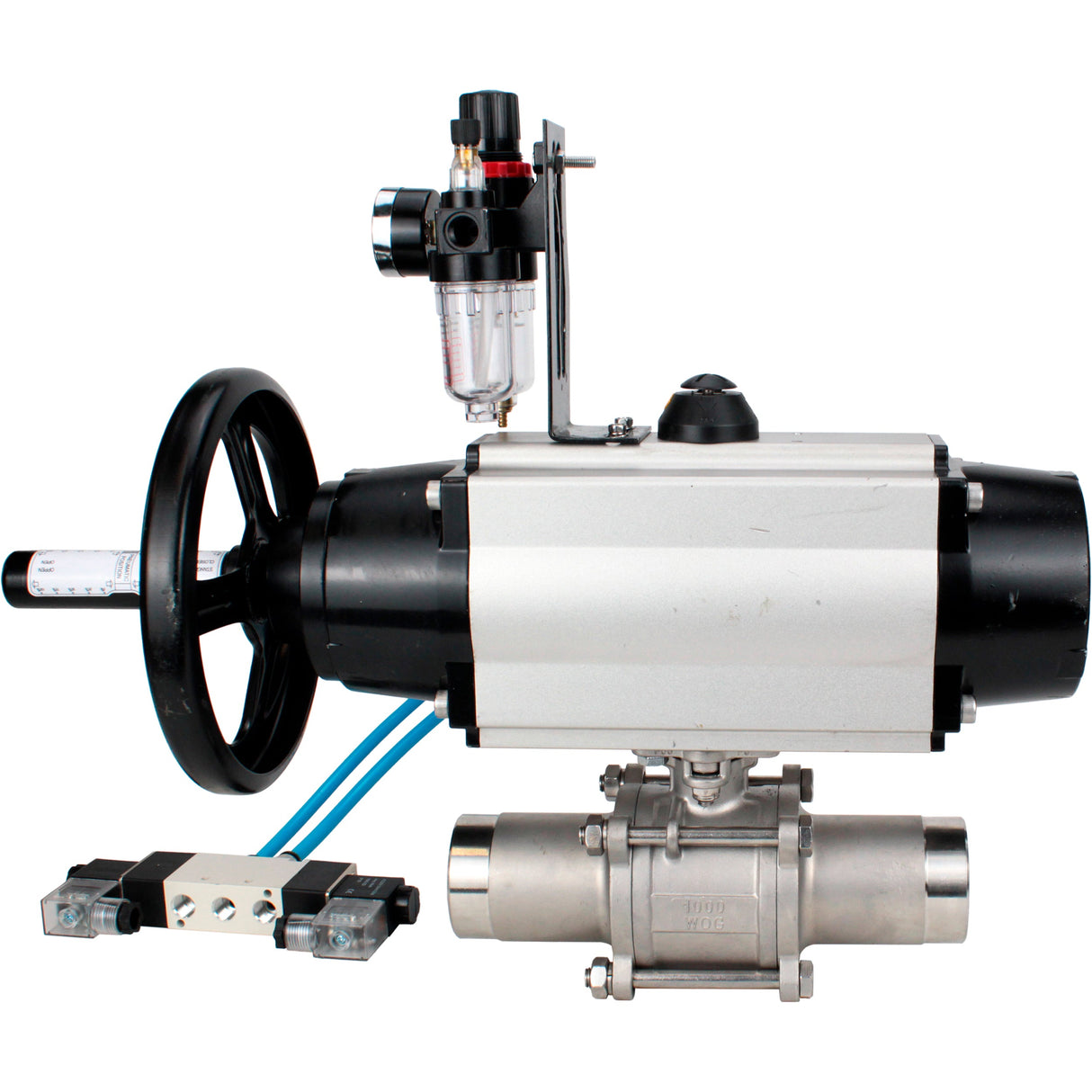 Ball valves Elephant BV3232P(3pc)-FP-W-ISO-H LONG,  body material - Stainless steel AISI 316, seal - PTFE / PTFE / Teflon, with pneumatic actuator double action PA-DA-105-1, 4V320-08 220V, ATU AFC2000