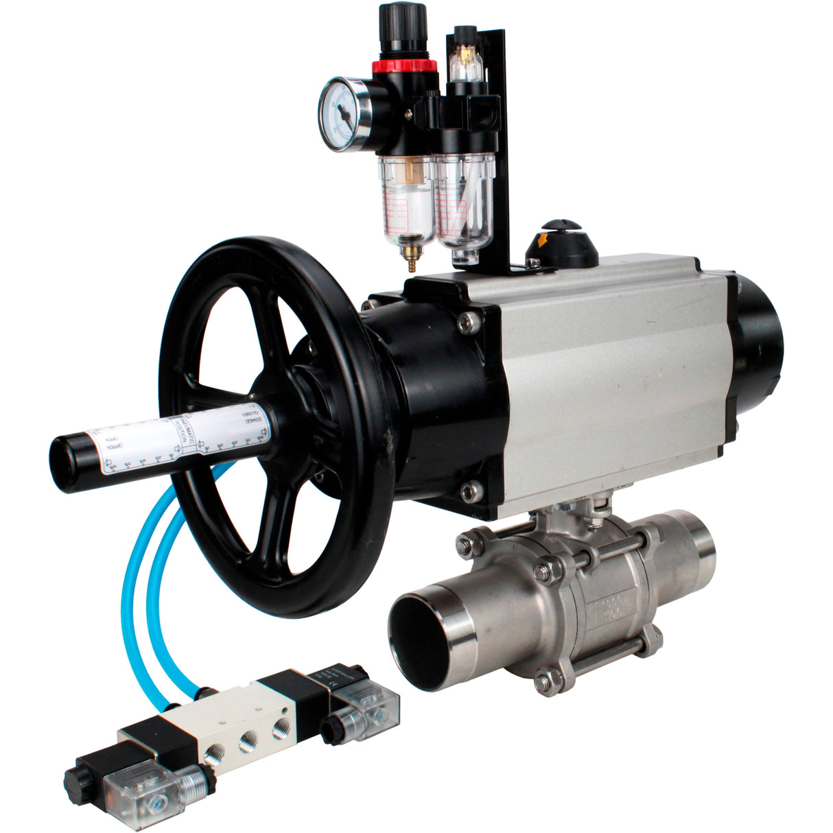Ball valves Elephant BV3232P(3pc)-FP-W-ISO-H LONG,  body material - Stainless steel AISI 316, seal - PTFE / PTFE / Teflon, with pneumatic actuator double action PA-DA-105-1, 4V320-08 220V, ATU AFC2000