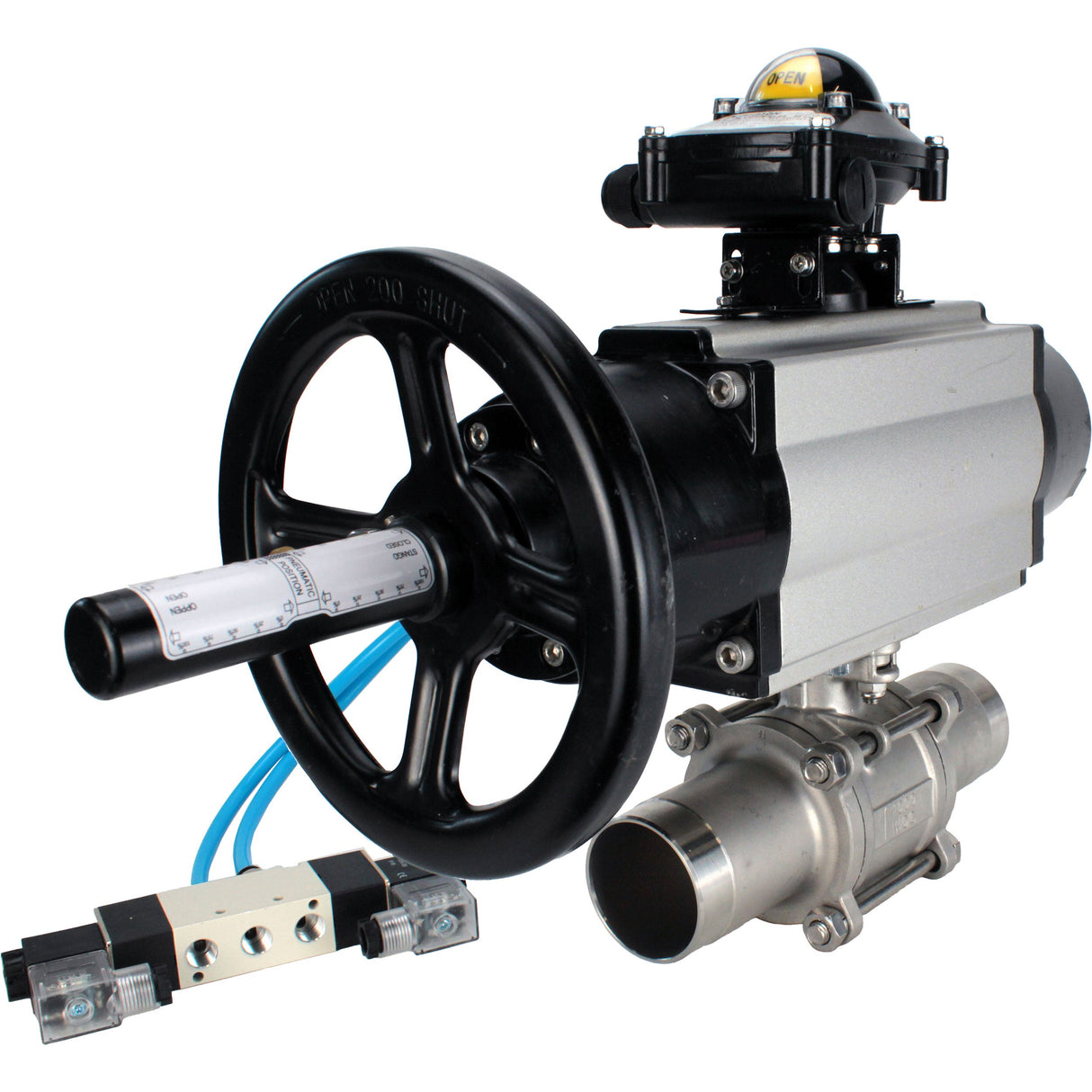 Ball valves Elephant BV3232P(3pc)-FP-W-ISO-H LONG,  body material - Stainless steel AISI 316, seal - PTFE / PTFE / Teflon, with pneumatic actuator double action PA-DA-105-1, 4V320-08 220V, LSU APL-210N