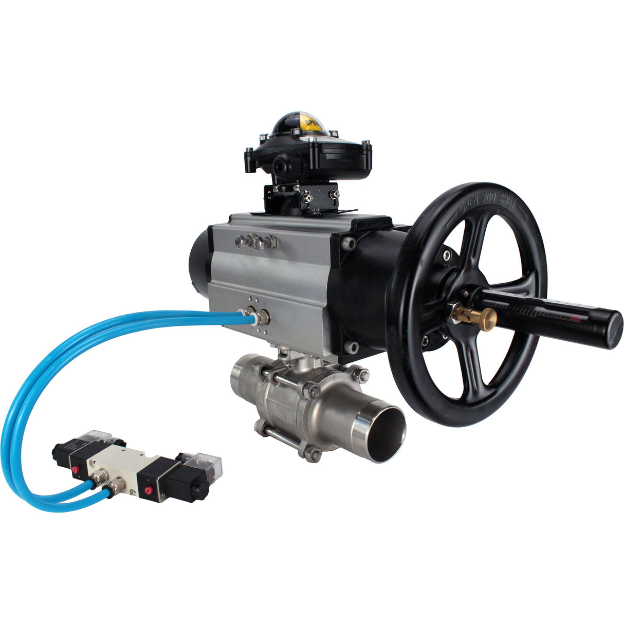 Ball valves Elephant BV3232P(3pc)-FP-W-ISO-H LONG,  body material - Stainless steel AISI 316, seal - PTFE / PTFE / Teflon, with pneumatic actuator double action PA-DA-105-1, 4V320-08 220V, LSU APL-210N
