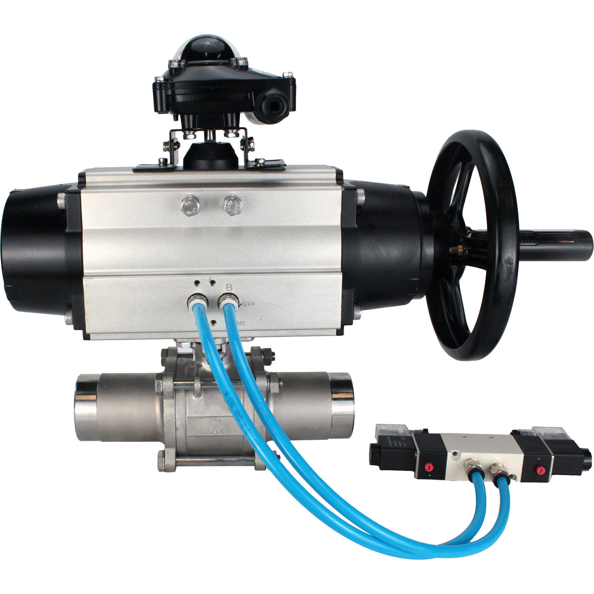 Ball valves Elephant BV3232P(3pc)-FP-W-ISO-H LONG,  body material - Stainless steel AISI 316, seal - PTFE / PTFE / Teflon, with pneumatic actuator double action PA-DA-105-1, 4V320-10 220V, LSU APL-210N