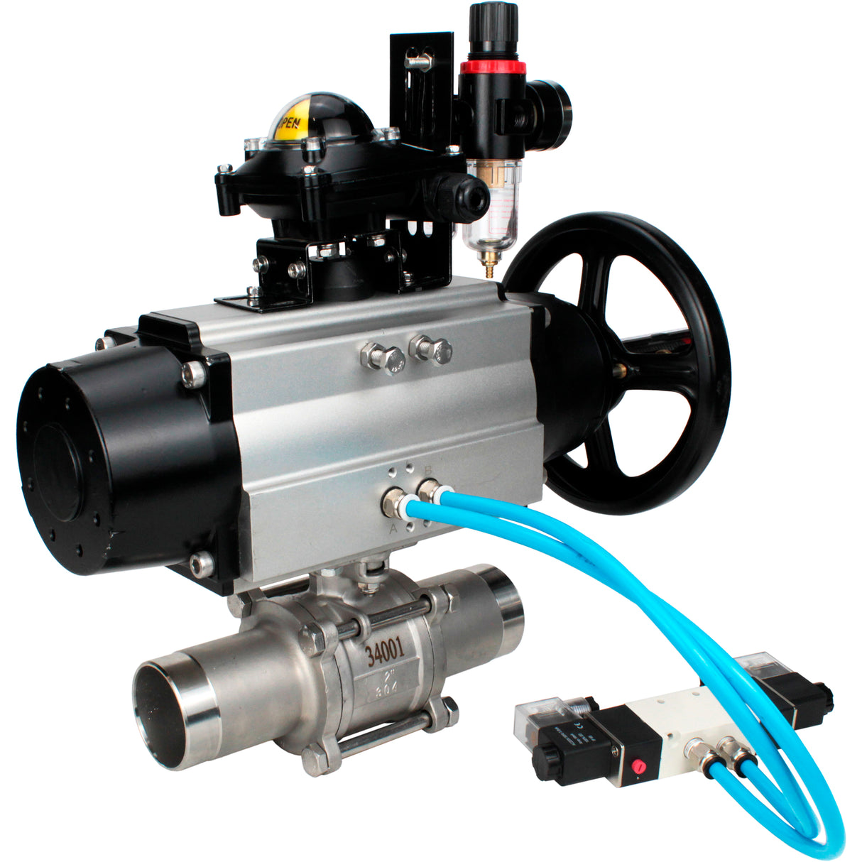 Ball valves Elephant BV3131P(3pc)-FP-W-ISO-H LONG,  body material - Stainless steel AISI 304, seal - PTFE / PTFE / Teflon, with pneumatic actuator double action PA-DA-105-1, 4V320-08 220V, LSU APL-210N, ATU AFC2000