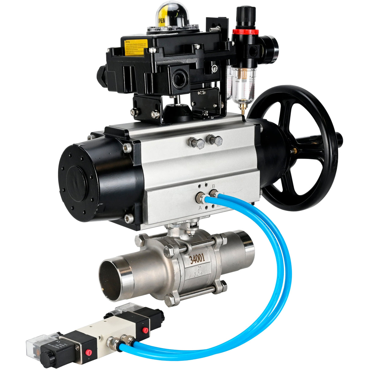 Ball valves Elephant BV3232P(3pc)-FP-W-ISO-H LONG,  body material - Stainless steel AISI 316, seal - PTFE / PTFE / Teflon, with pneumatic actuator double action PA-DA-105-1, 4V320-08 220V, LSU APL-410N Ex, ATU AFC2000