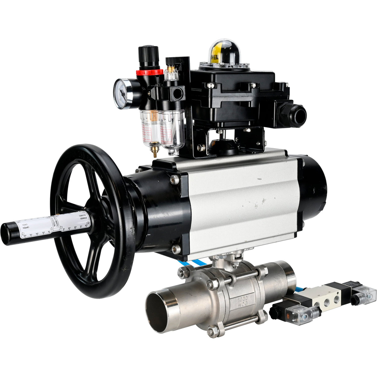 Ball valves Elephant BV3232P(3pc)-FP-W-ISO-H LONG,  body material - Stainless steel AISI 316, seal - PTFE / PTFE / Teflon, with pneumatic actuator double action PA-DA-105-1, 4V320-10 220V, LSU APL-410N Ex, ATU AFC2000