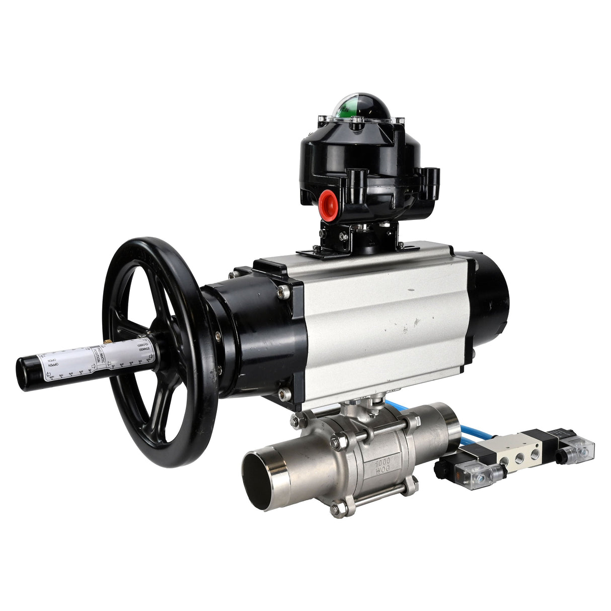 Ball valves Elephant BV3232P(3pc)-FP-W-ISO-H LONG,  body material - Stainless steel AISI 316, seal - PTFE / PTFE / Teflon, with pneumatic actuator double action PA-DA-105-1, 4V320-10 220V, LSU APL-510N Ex