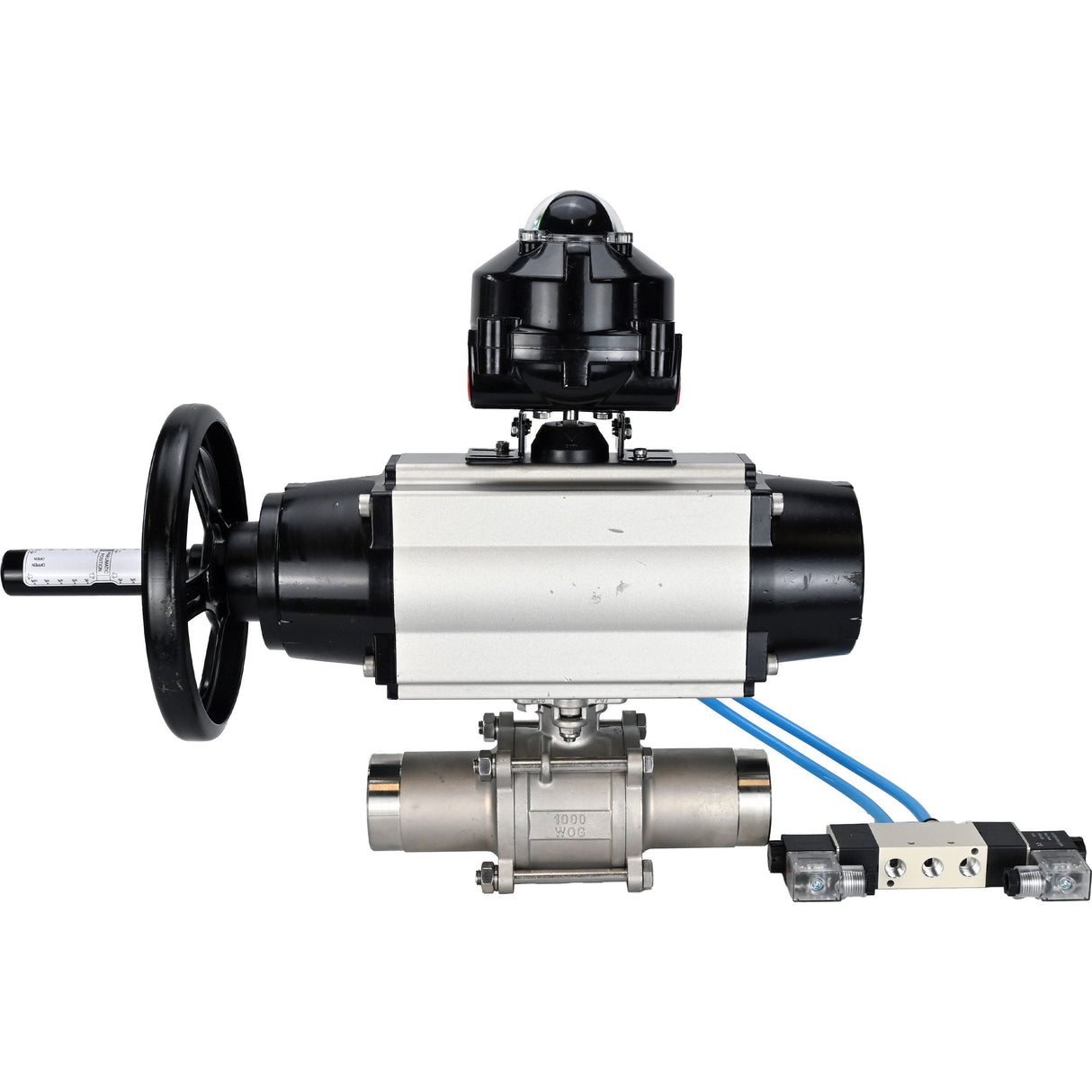 Ball valves Elephant BV3232P(3pc)-FP-W-ISO-H LONG,  body material - Stainless steel AISI 316, seal - PTFE / PTFE / Teflon, with pneumatic actuator double action PA-DA-105-1, 4V320-08 220V, LSU APL-510N Ex