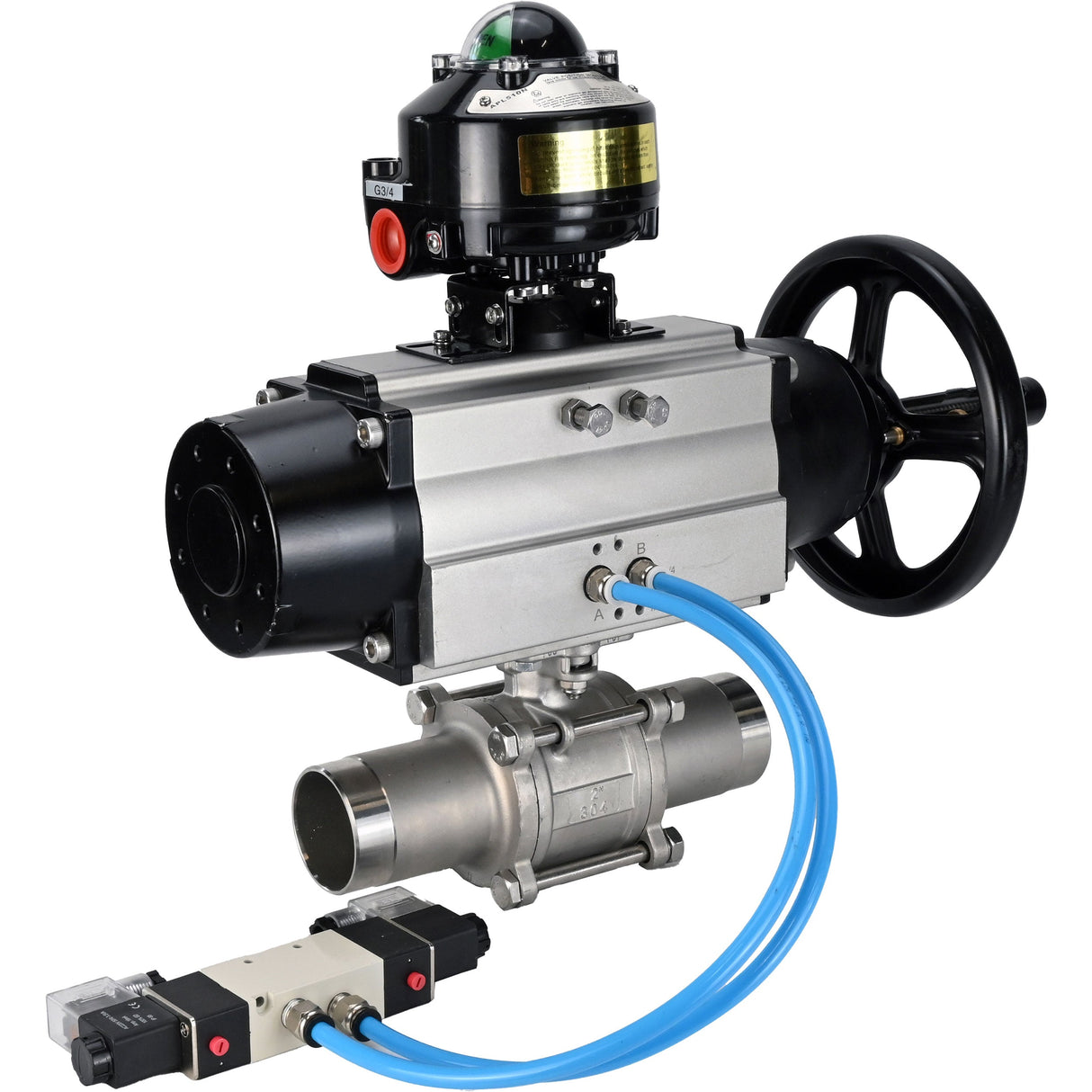 Ball valves Elephant BV3232P(3pc)-FP-W-ISO-H LONG,  body material - Stainless steel AISI 316, seal - PTFE / PTFE / Teflon, with pneumatic actuator double action PA-DA-105-1, 4V320-10 220V, LSU APL-510N Ex